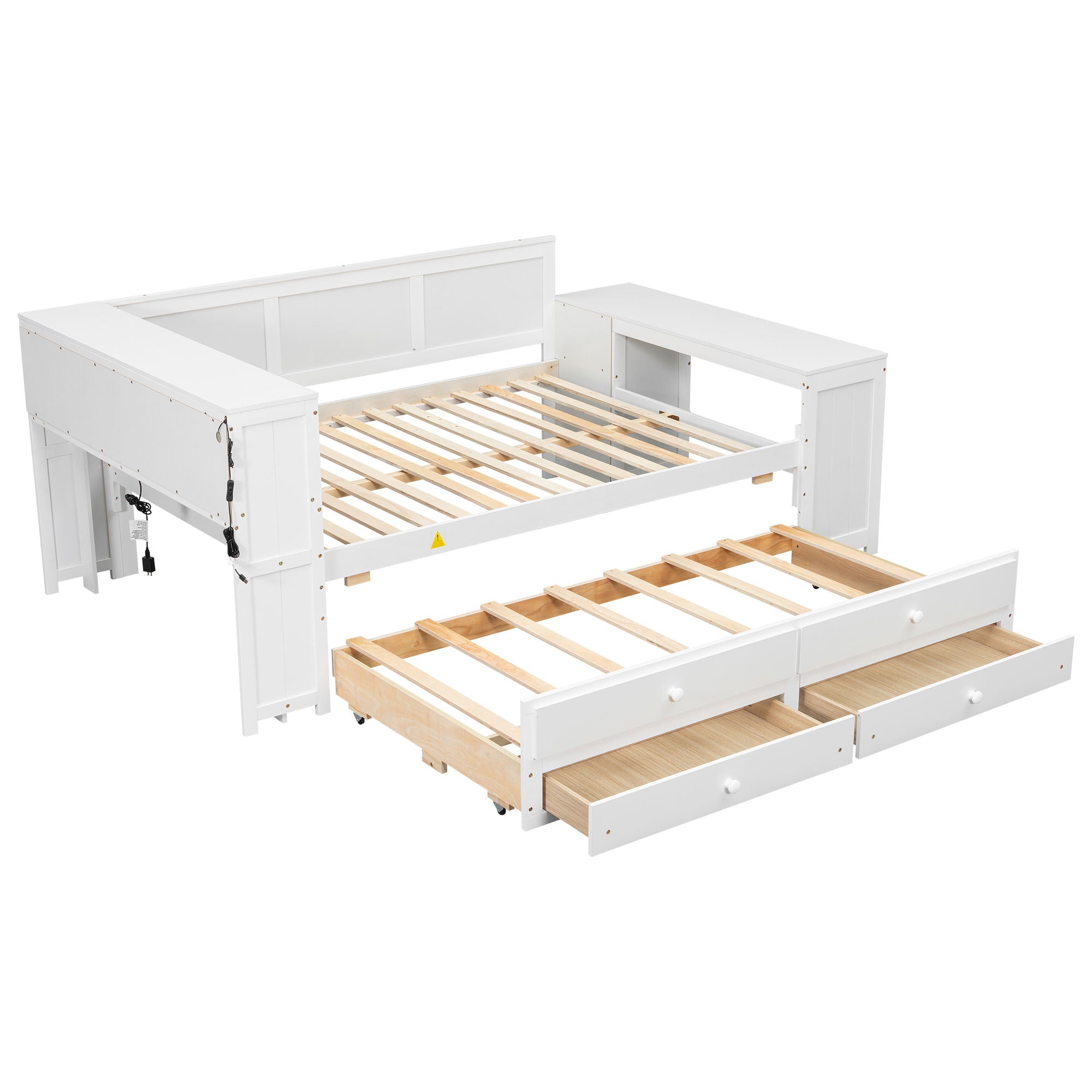 Daybed With Storage Shelves, Drawers, Trundle, Charging Station, LED Light, Desk And Cabinet