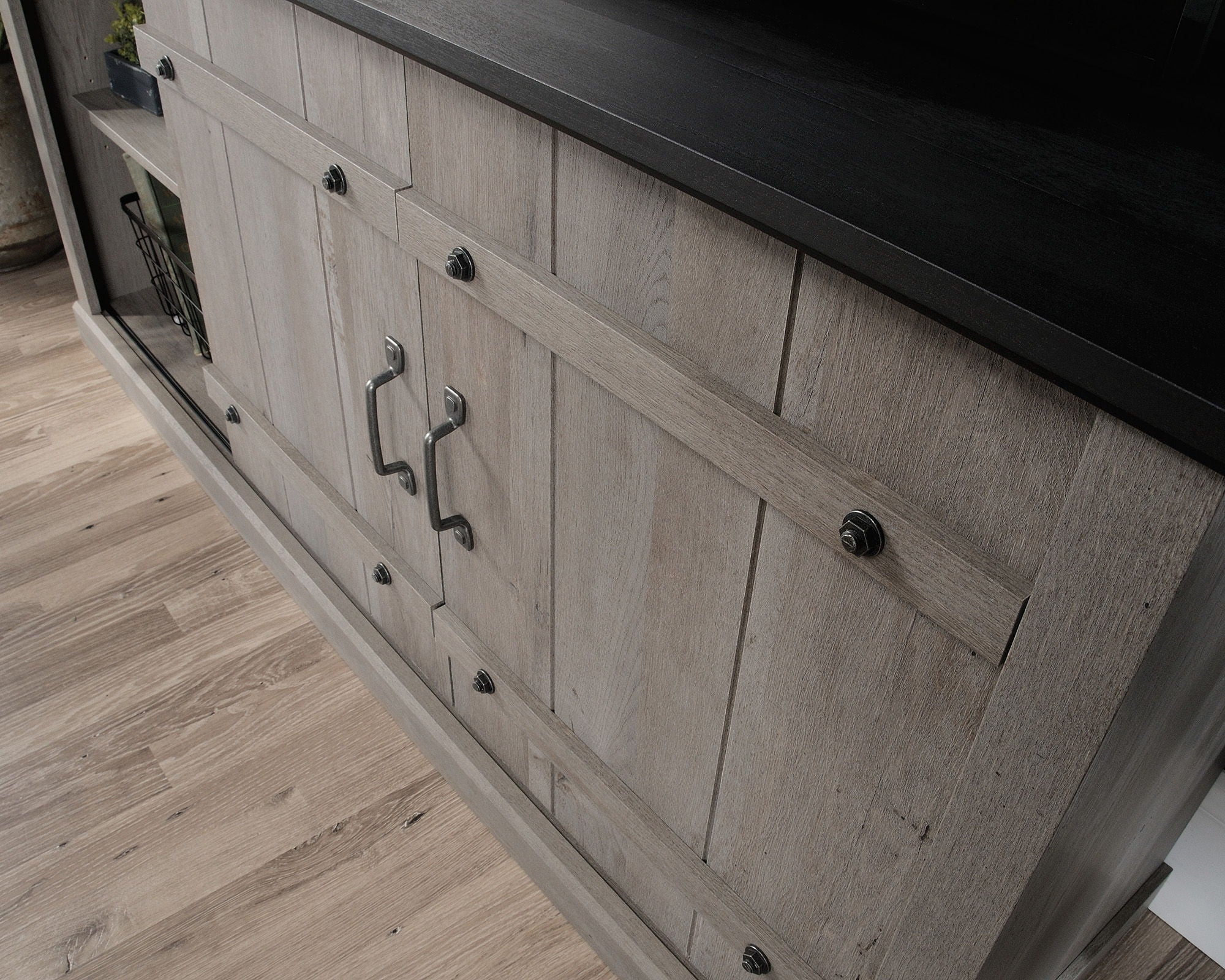Mystic Oak TV Credenza with Black Accent Top