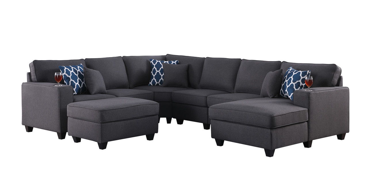 Cooper 125.5"W Dark Gray Linen 7Pc Modular Sectional Sofa Chaise with Ottoman and Cupholder