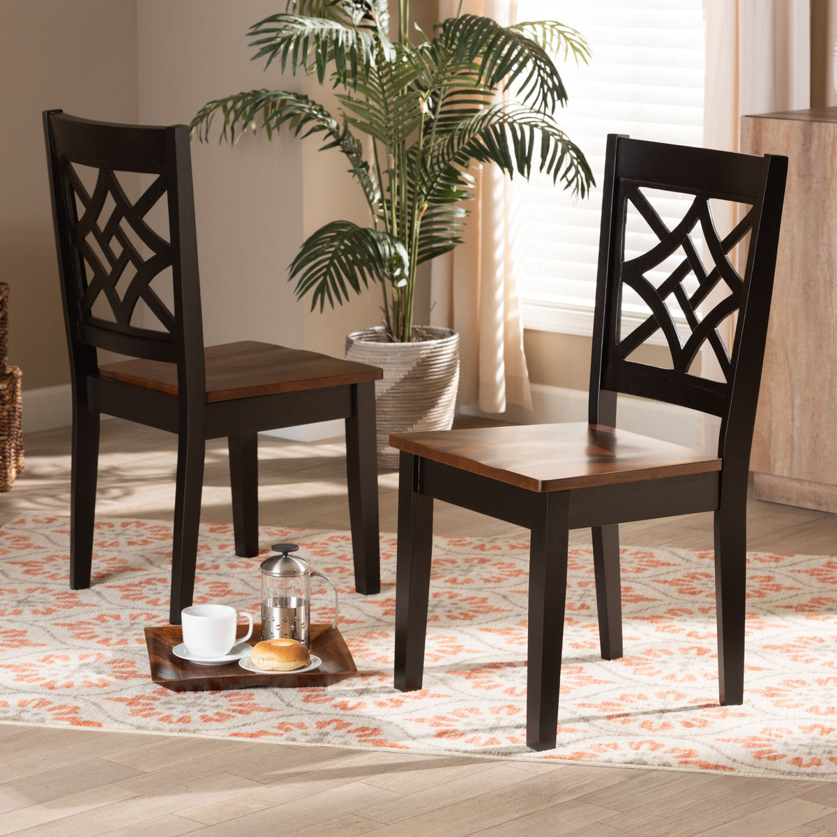 Nicolette Modern and Contemporary Two-Tone Dark Brown and Walnut Brown Finished Wood 2-Piece Dining Chair Set