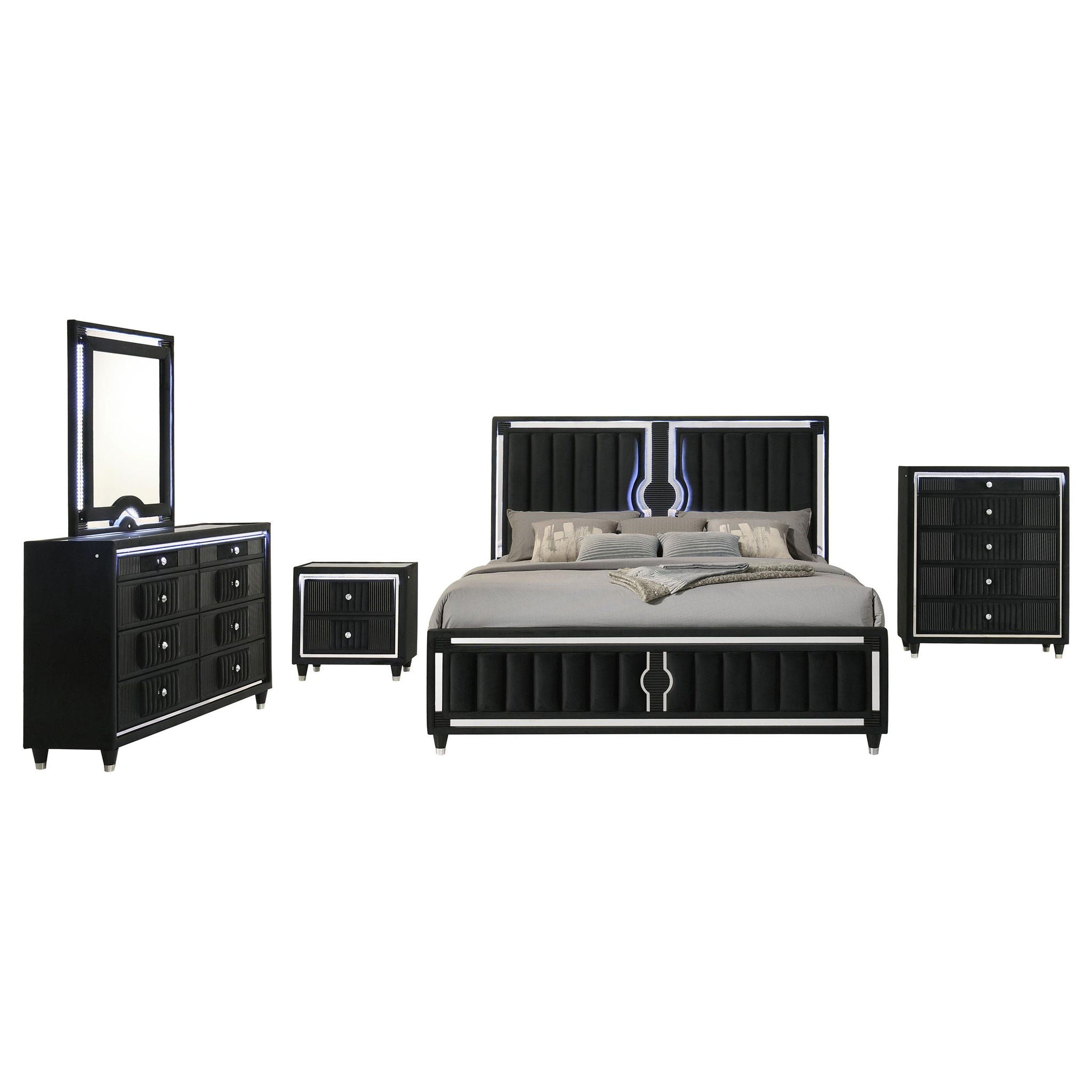 Ravenne 5-piece Velvet Upholstered California King LED Bedroom Set Black