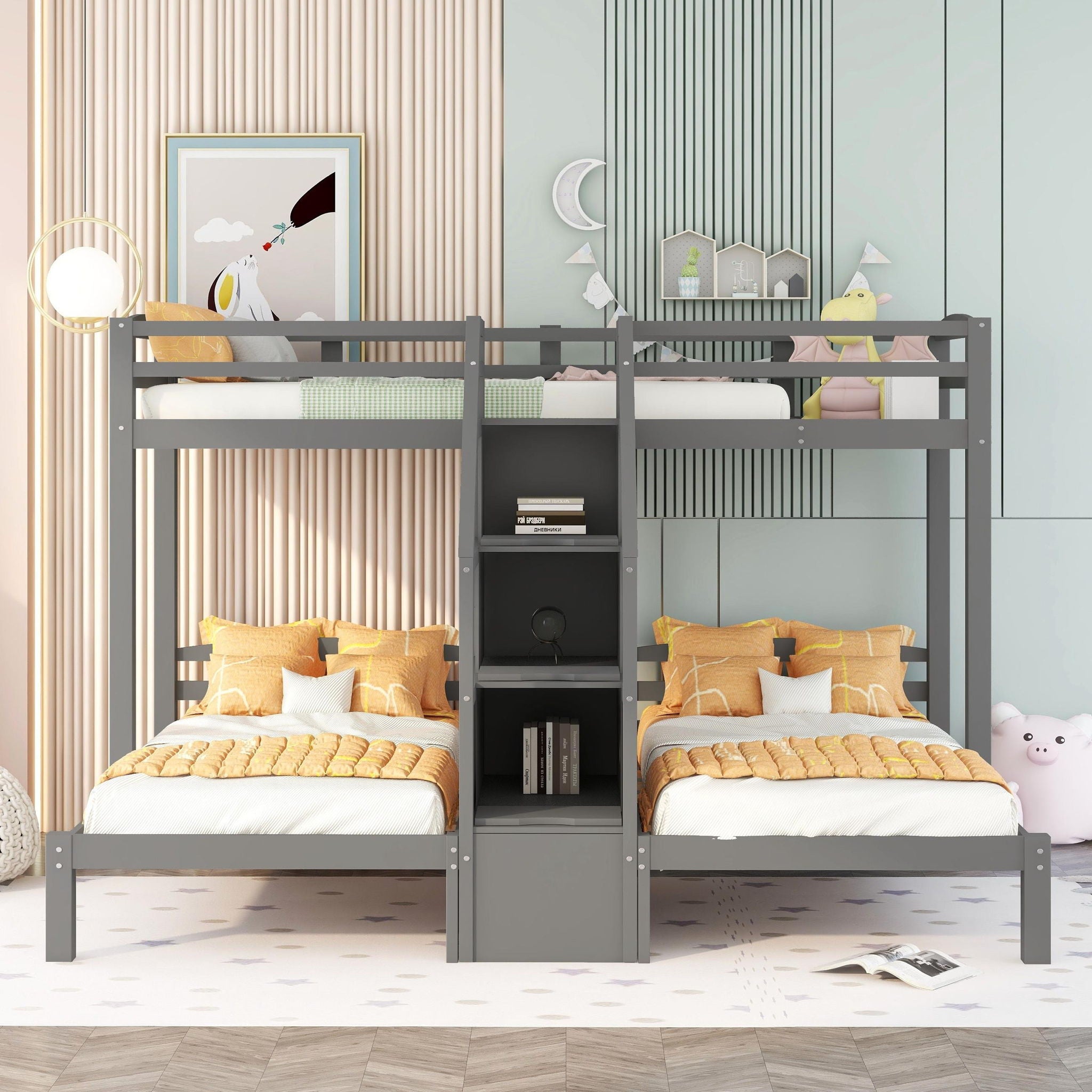 Twin Over Twin & Twin Bunk Bed With Built In Staircase And Storage Drawer - Gray