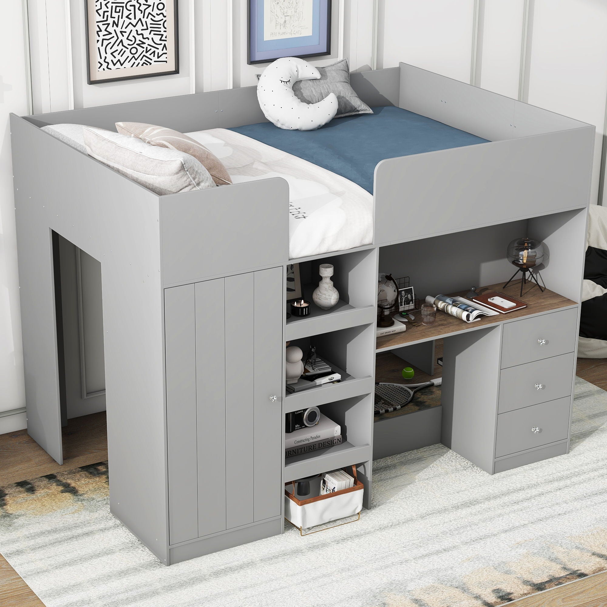 Loft Bed With Built In Wardrobe, Desk, Shelves, And Drawers