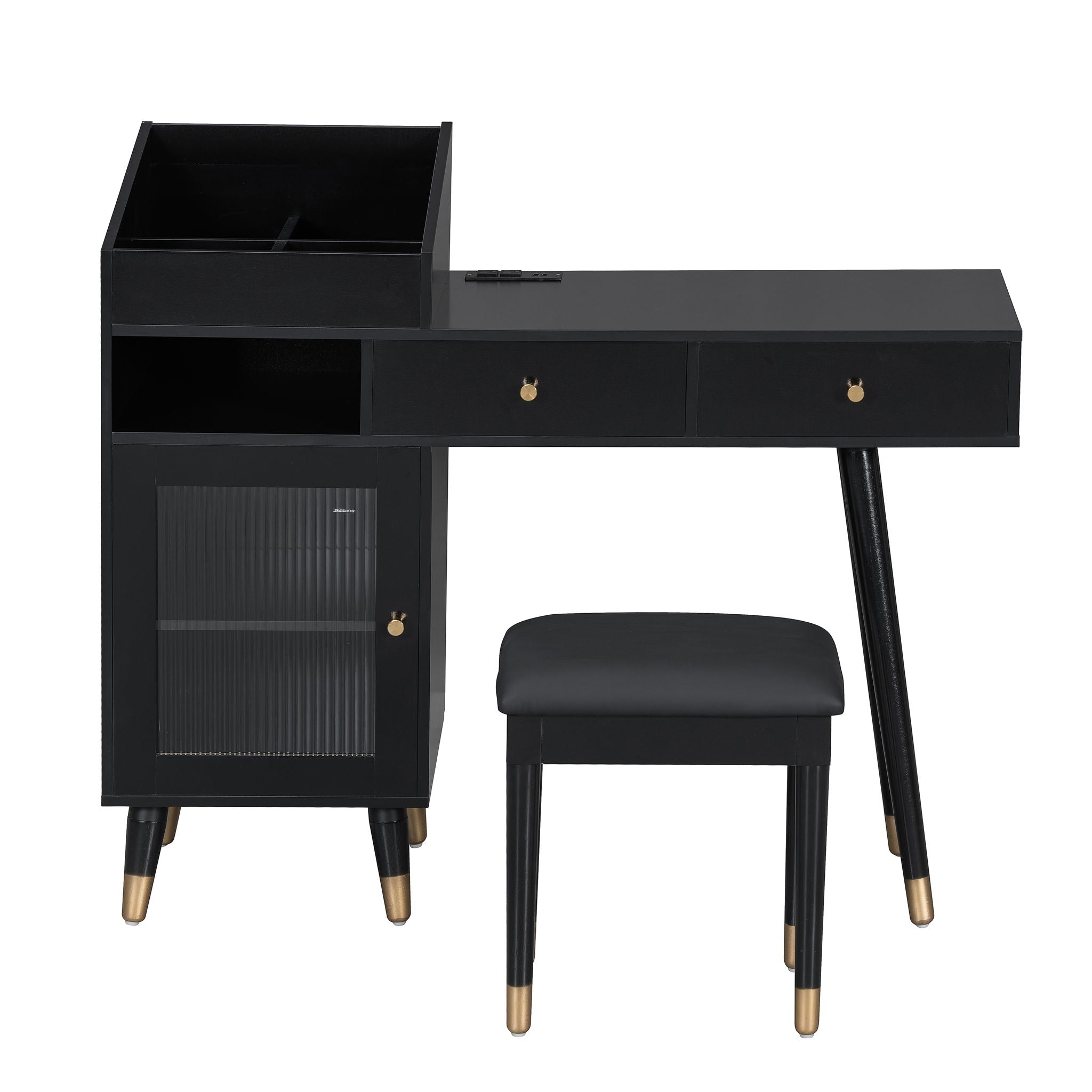 Modern Makeup Vanity Desk With Drawers Cabinet & Charging Port Engineered Wood Space Saving Design For Small Places - Black