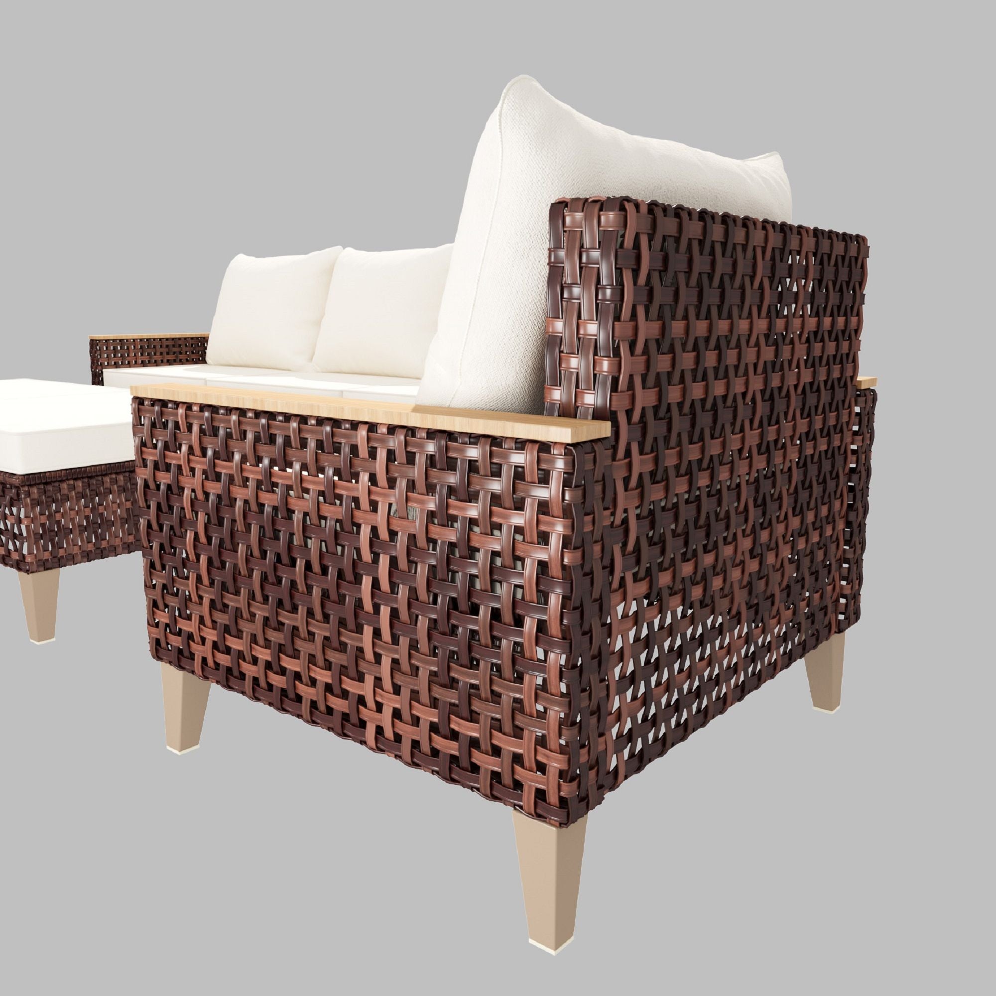 5 Piece Rattan Terrace Furniture Set, 7 Seats Cushions, High Footed Design