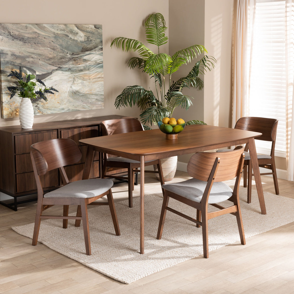 Alston Mid-Century Modern Grey Fabric Upholstered and Walnut Brown Finished Wood 5-Piece Dining Set