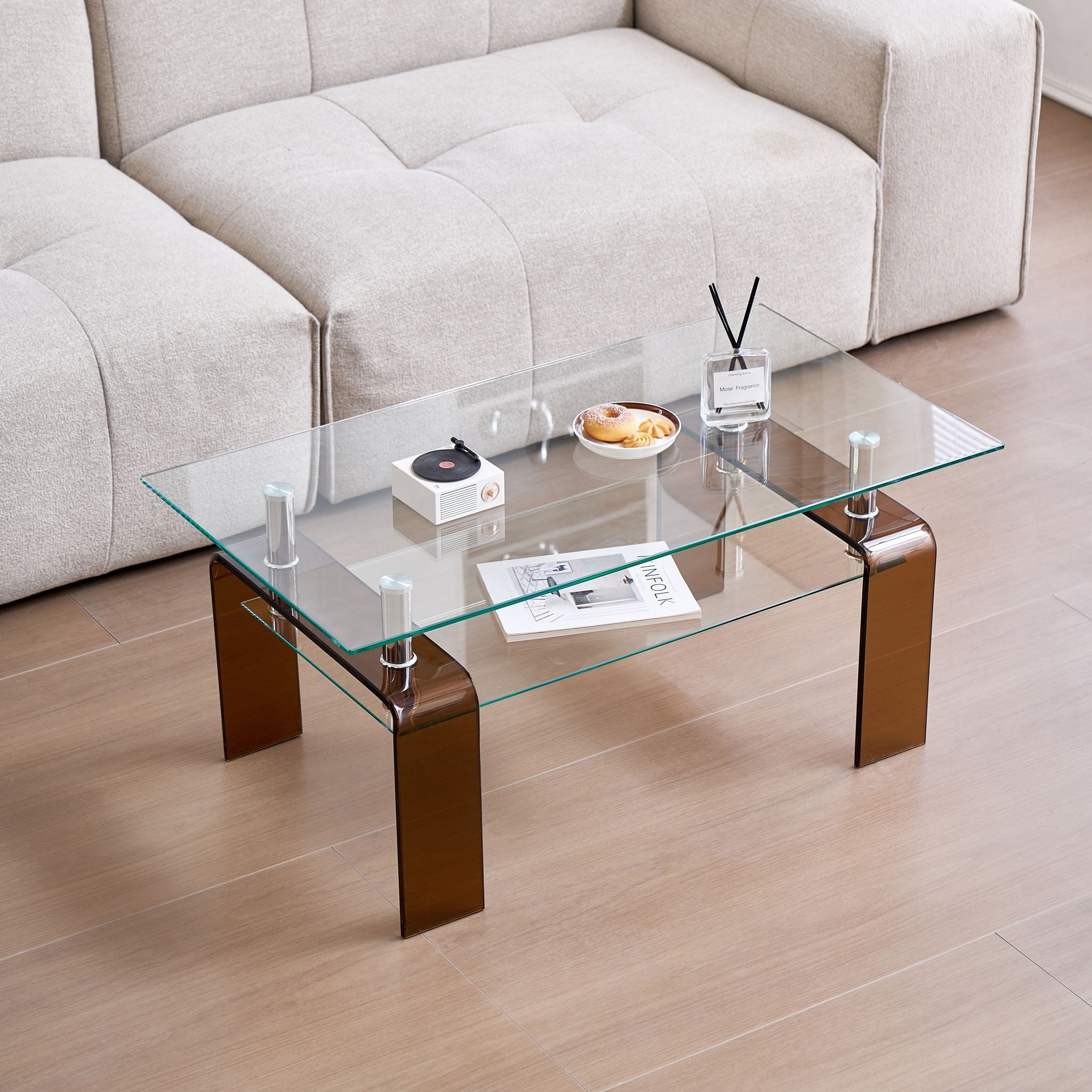 Modern Tempered Glass Coffee Table With 2 Tier Storage For Living Room