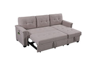 Ashlyn 84"W Light Gray Reversible Sleeper Sectional Sofa with Storage Chaise, USB Charging Ports and Pocket