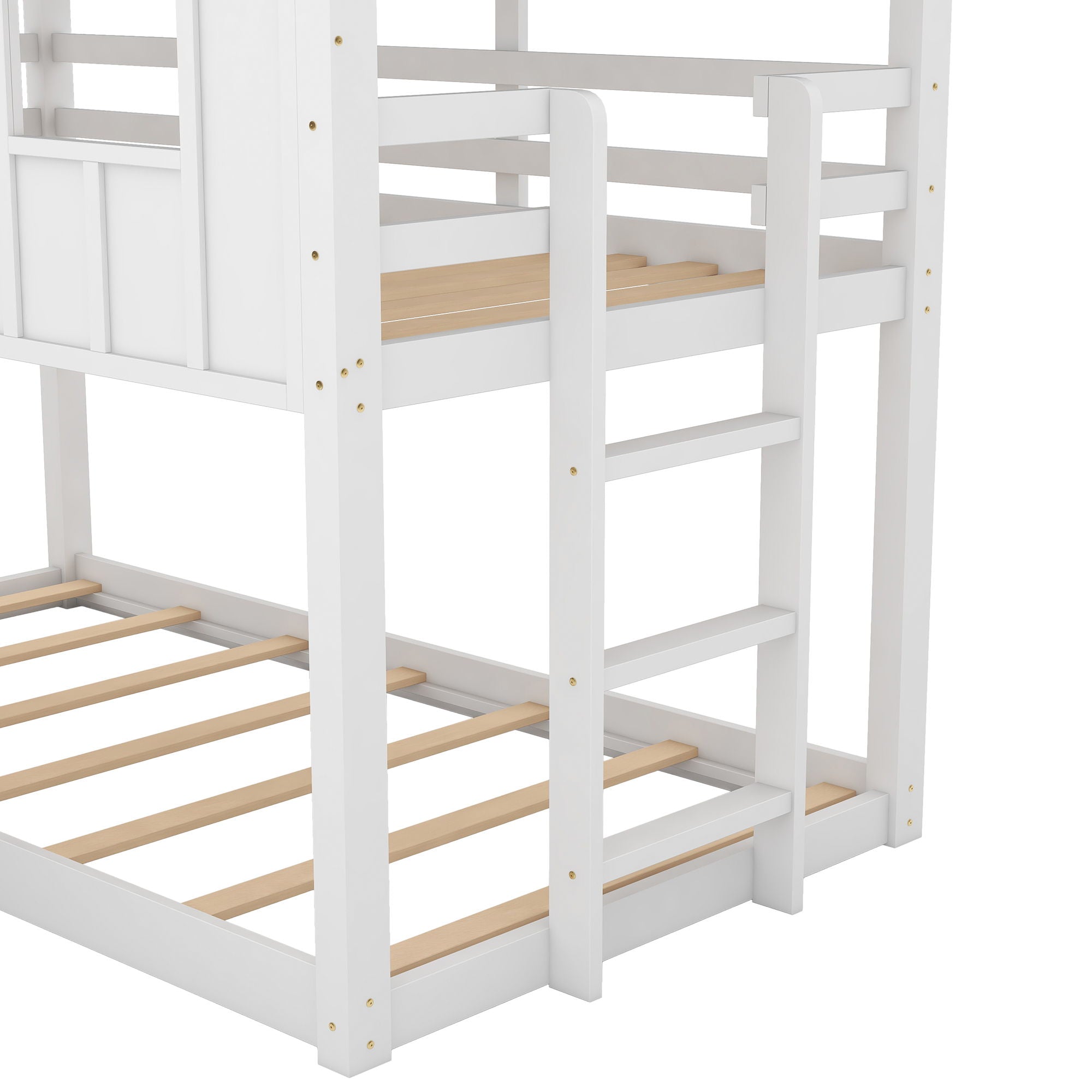 Twin Over Twin House Bunk Bed With Slide And Windows - White / Gray