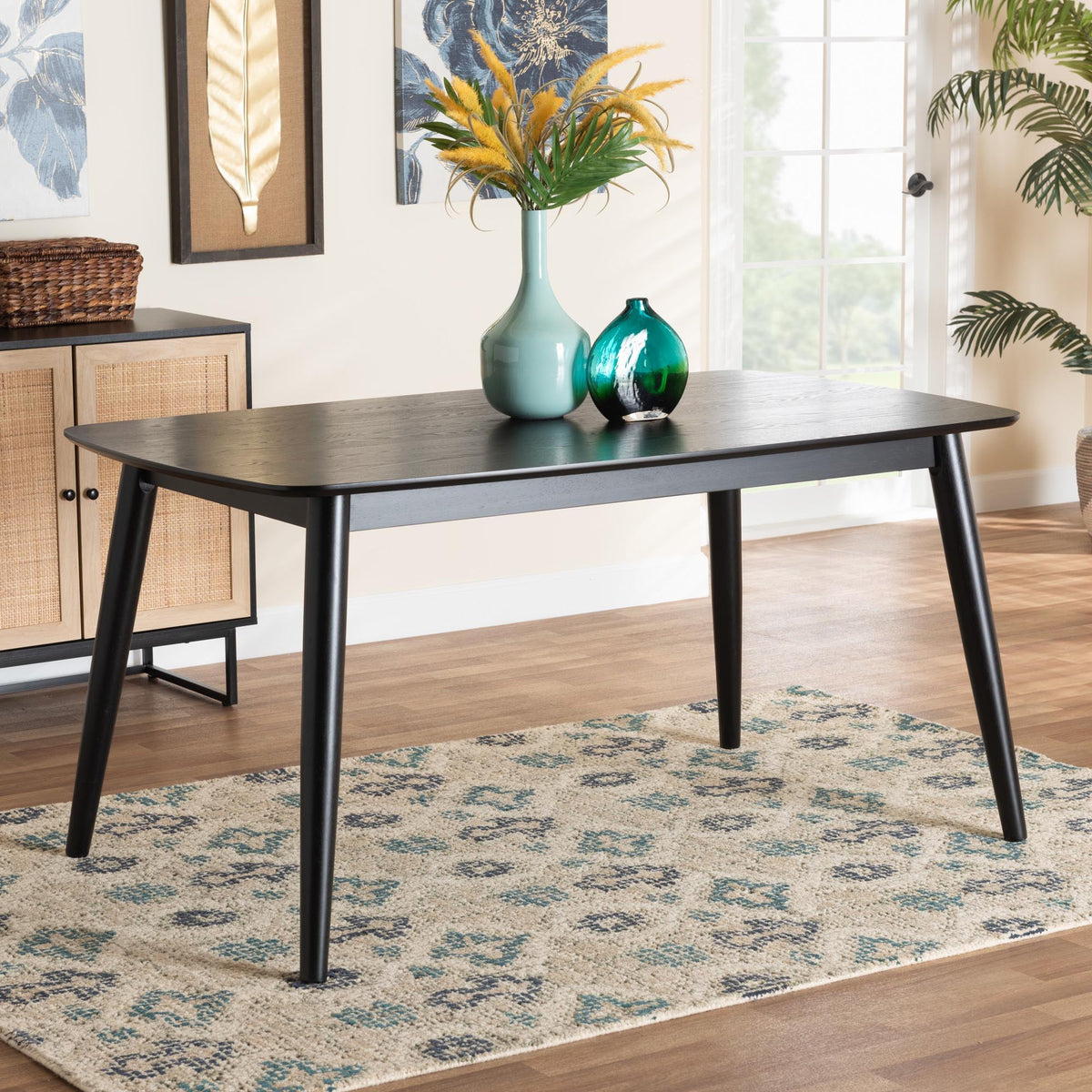 Flora Mid-Century Modern Black Finished Wood Dining Table