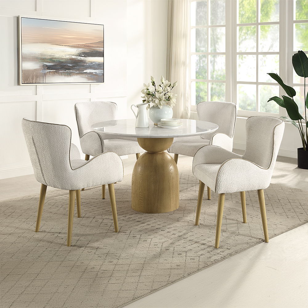ACME Kala - Round Dining Table With Marble Top - Natural Marble Top & Oak Finish | Meri Furniture