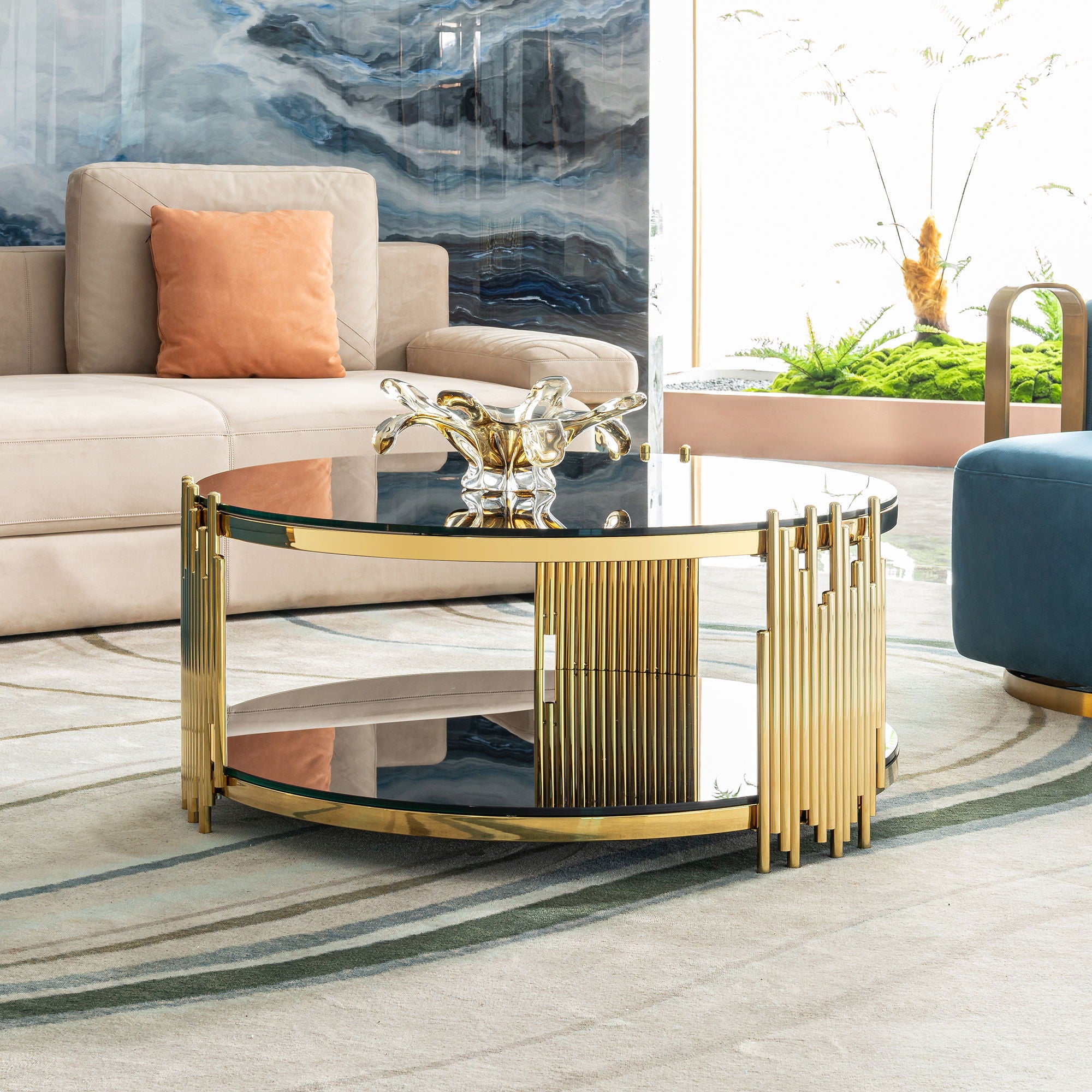 Elegant Round Table With Double Layer Tempered Glass Top And Stainless Steel Frame For Living Room