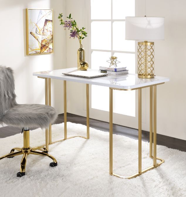 ACME Estie - Writing Desk - White & Gold Finish | Meri Furniture