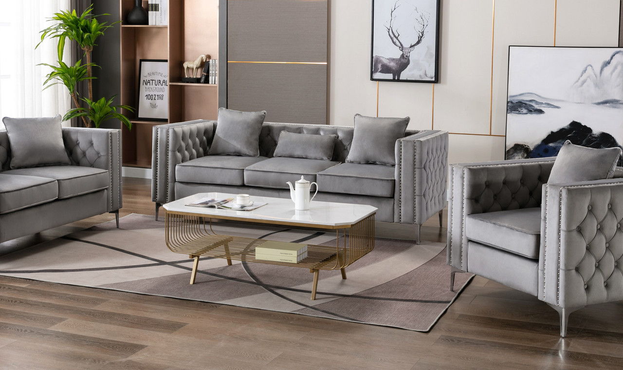 Lorreto 86"W Gray Velvet Sofa