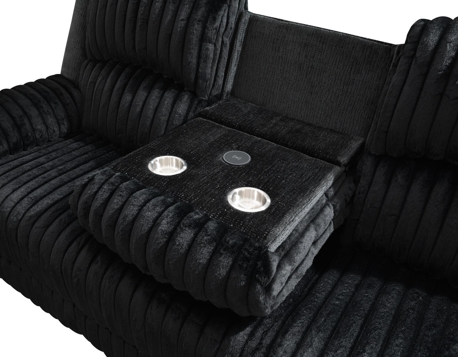 U161 - Corduroy Power LED Reclining Loveseat With Bluetooth Speaker - Black
