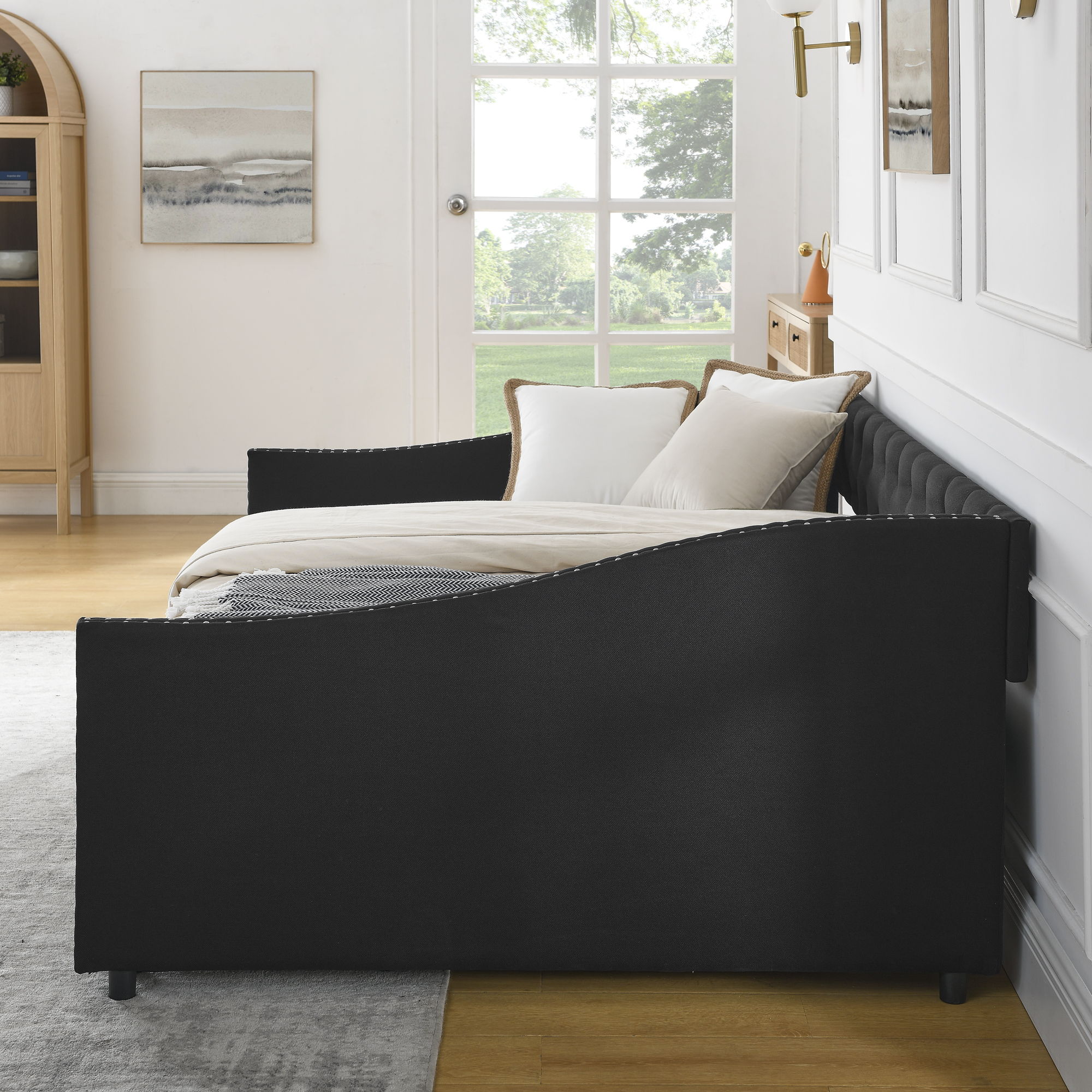 Upholstered Tufted Daybed With 2 Drawers, Waved Arms