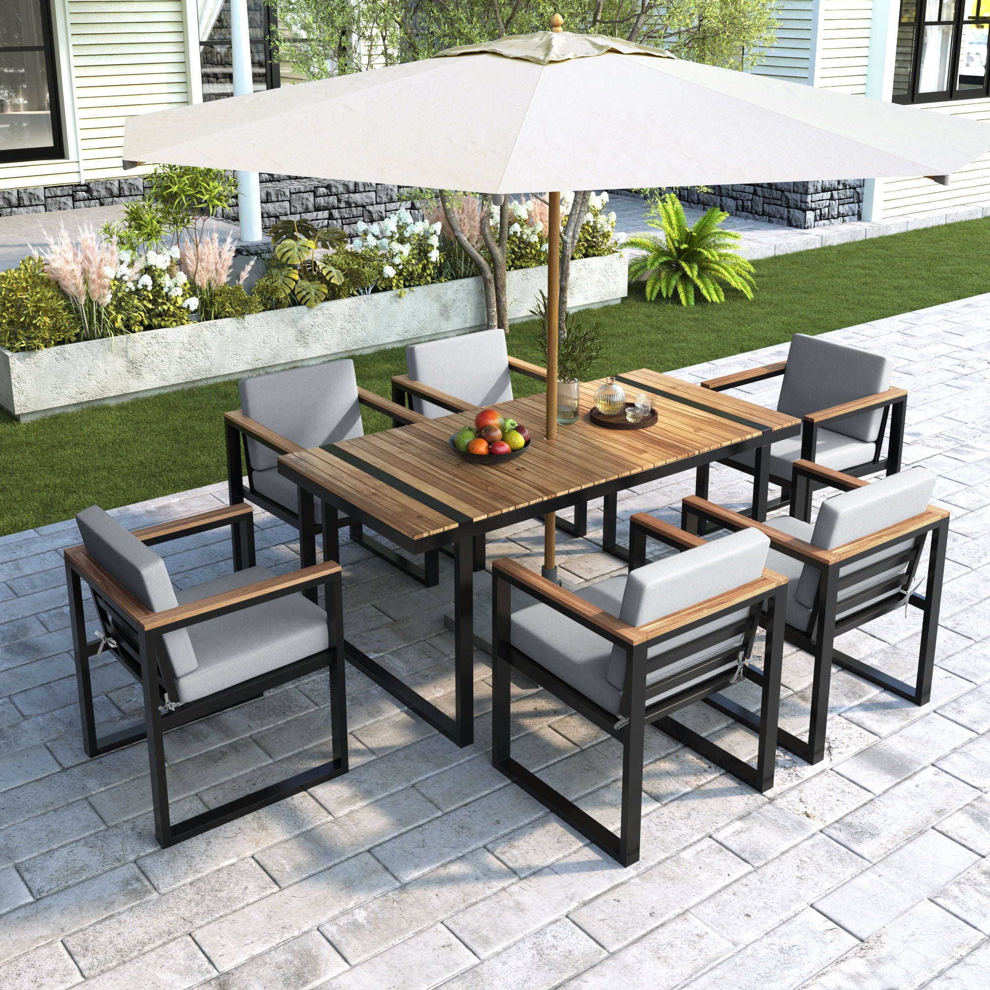 7 Pieces Outdoor Dining Set Patio Dining Table And Chair Set With And Removable Cushions For Patio