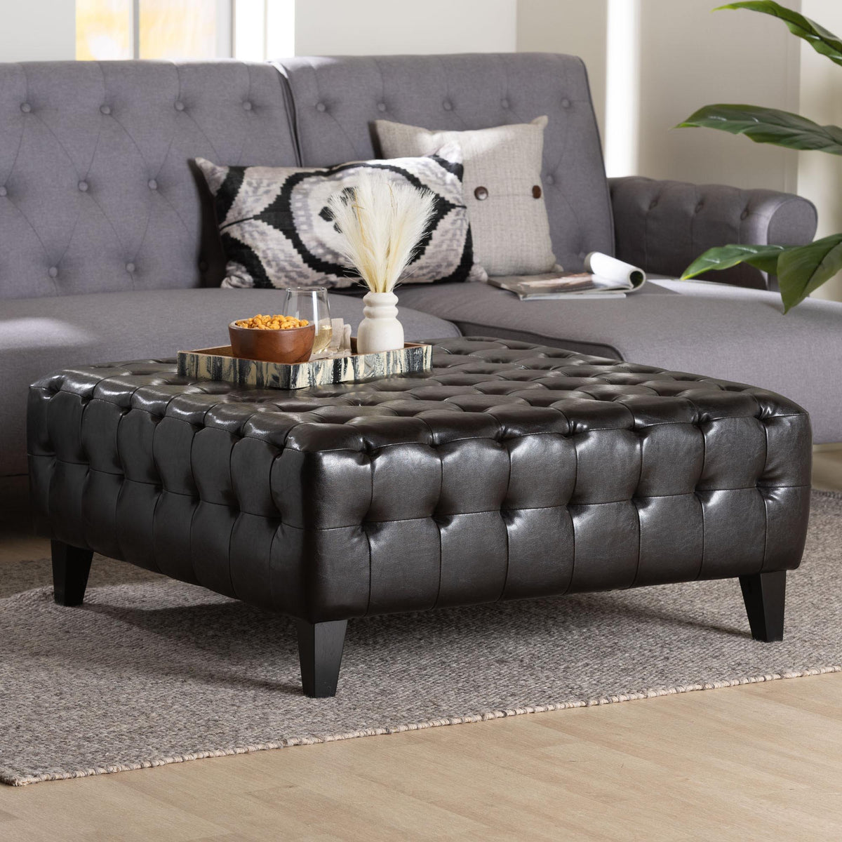 Pemberly Dark Brown Bonded Leather Square Ottoman