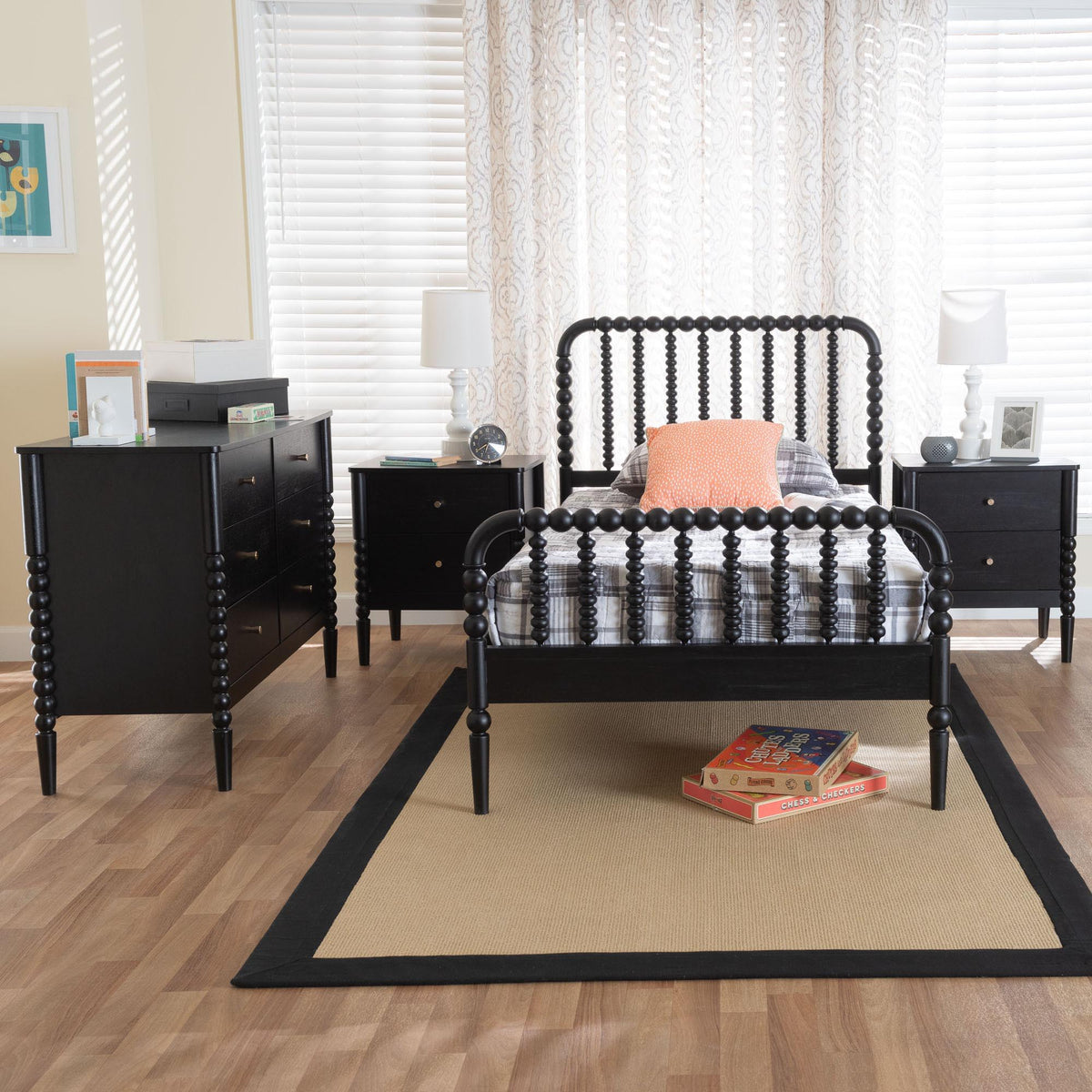 Lucera Mid-Century Black Full Size 4-Piece Bobbin Bedroom Set