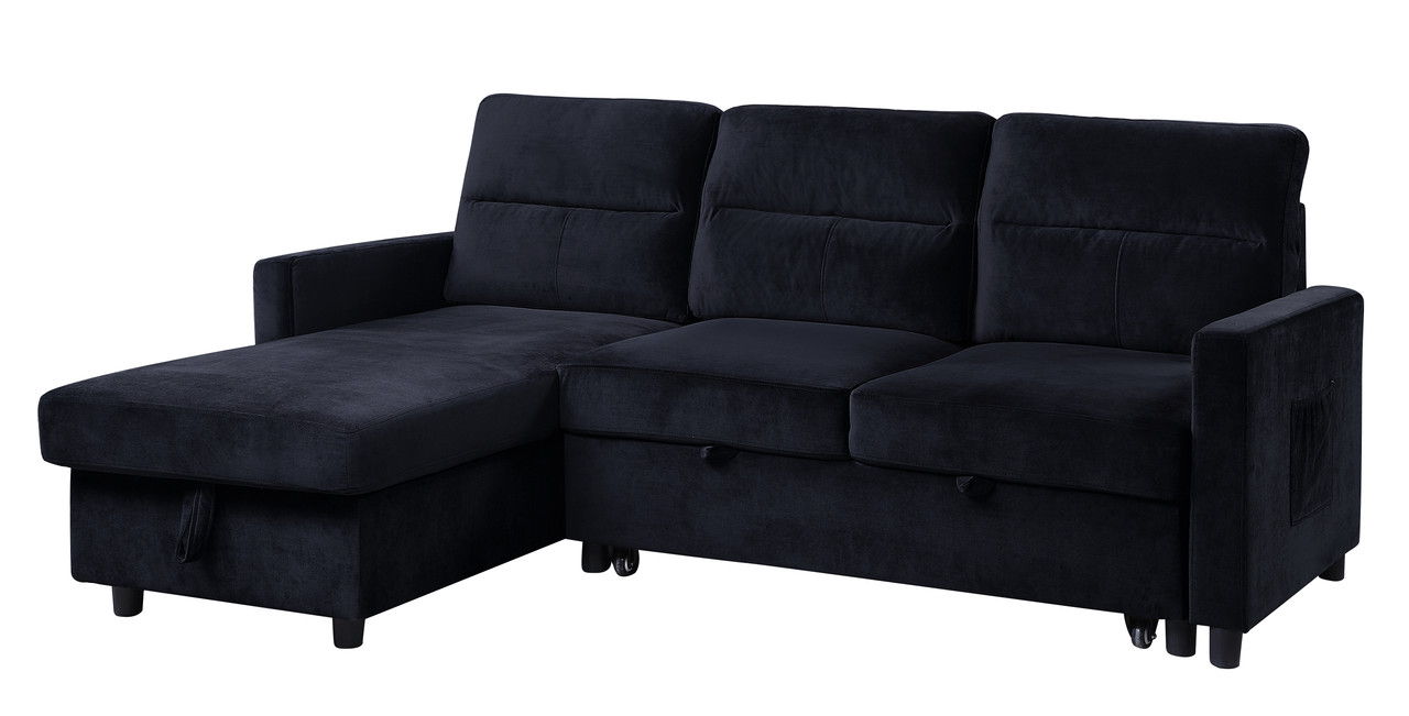Ivy 81.5"W Black Velvet Reversible Sleeper Sectional Sofa with Storage Chaise and Side Pocket