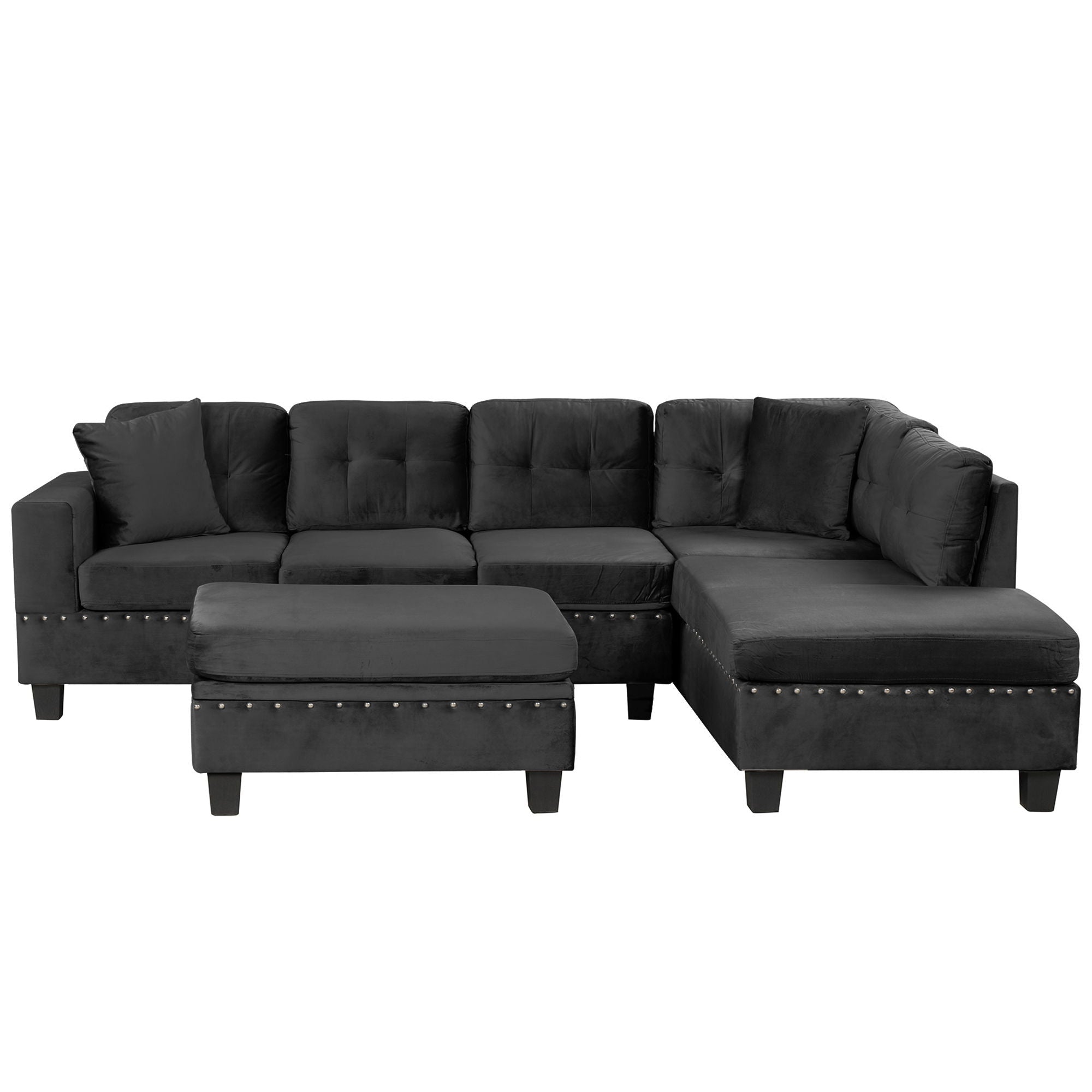 Modern Sectional Sofa With Storage Ottoman, L - Shape Couch With 2 Pillows And Cup Holders