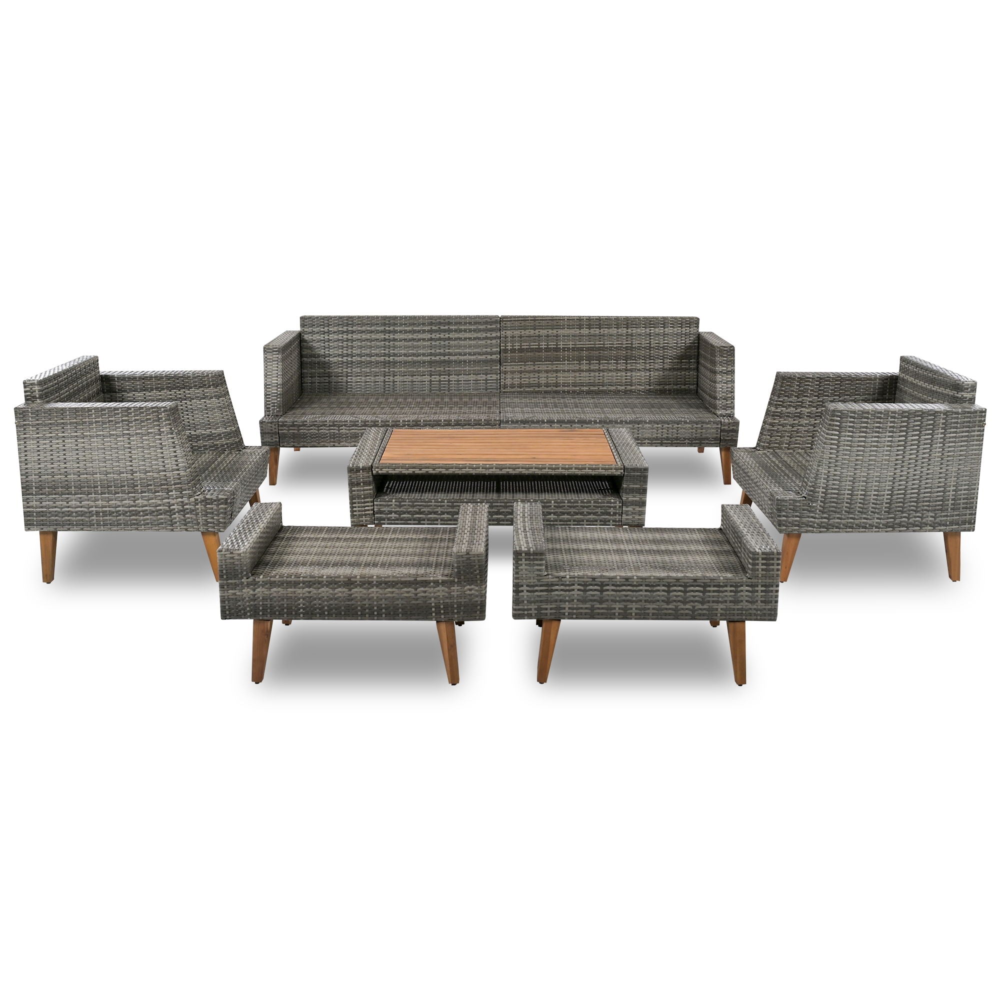 6 Pieces All Weather Sofa Set, Outdoor Rattan Sofa With Double Cushions