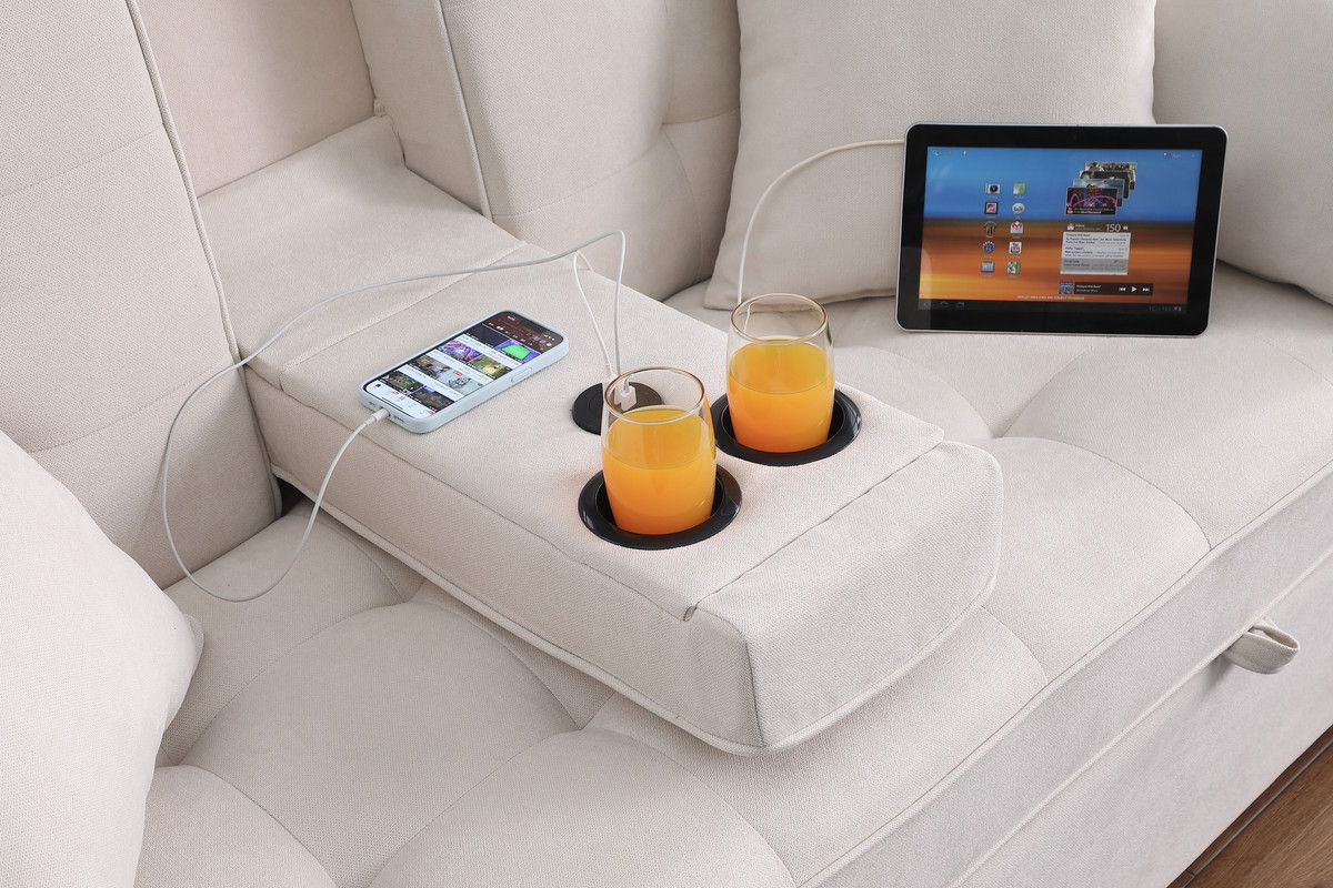 Cody II 70"W Beige Woven Fabric Convertible Sleeper Loveseat with Dropdown Console, Cup Holders, Charging Ports, Pocket, and Pocket Coil Seating