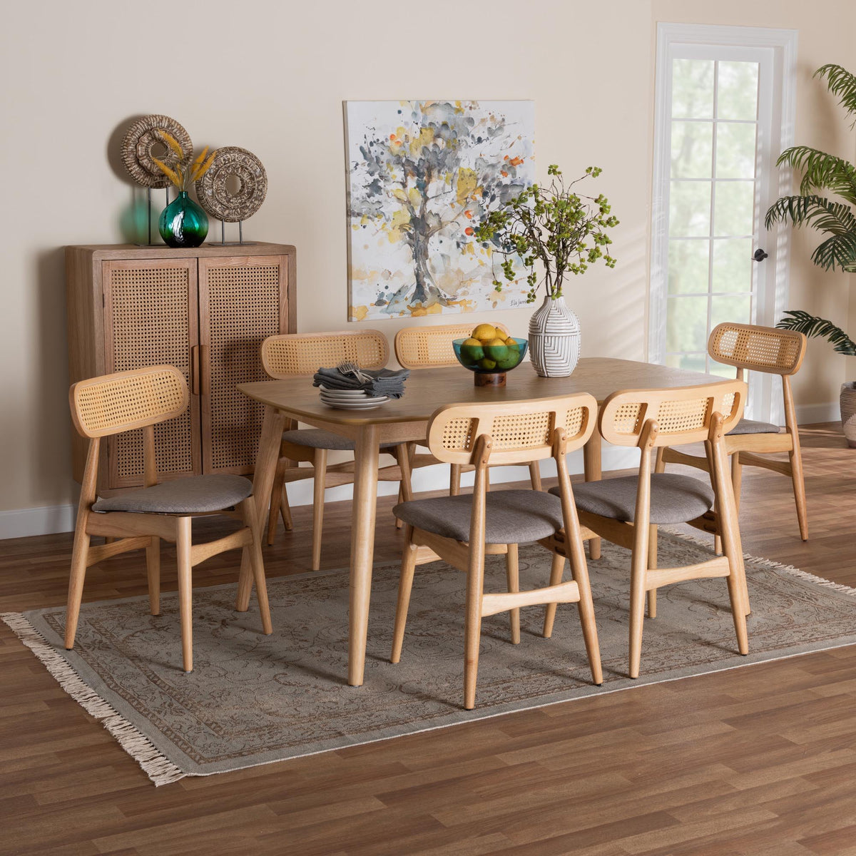 Tarana Mid-Century Modern Grey Fabric and Natural Oak Finished Wood 7-Piece Dining Set