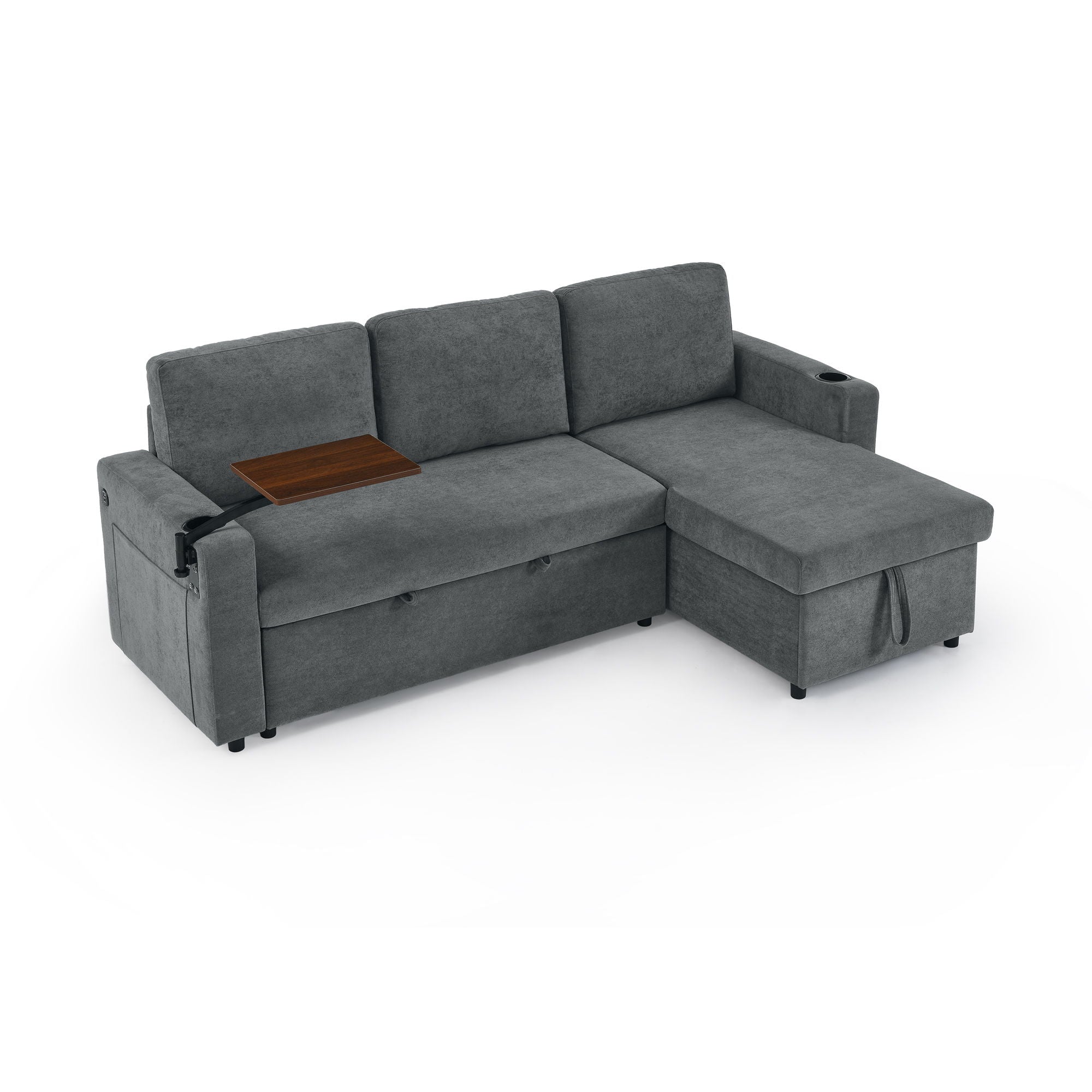 Multi Functional Pull Out Bed Sofa With Retractable Table, LED Lighting, USB Charging Ports & Cup Holders