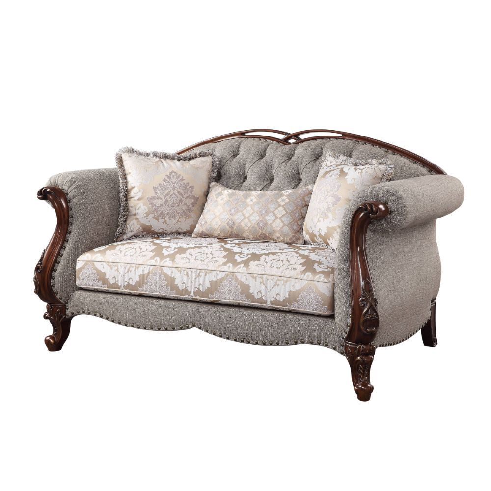 Miyeon - Loveseat With 3 Pillows - Fabric & Cherry