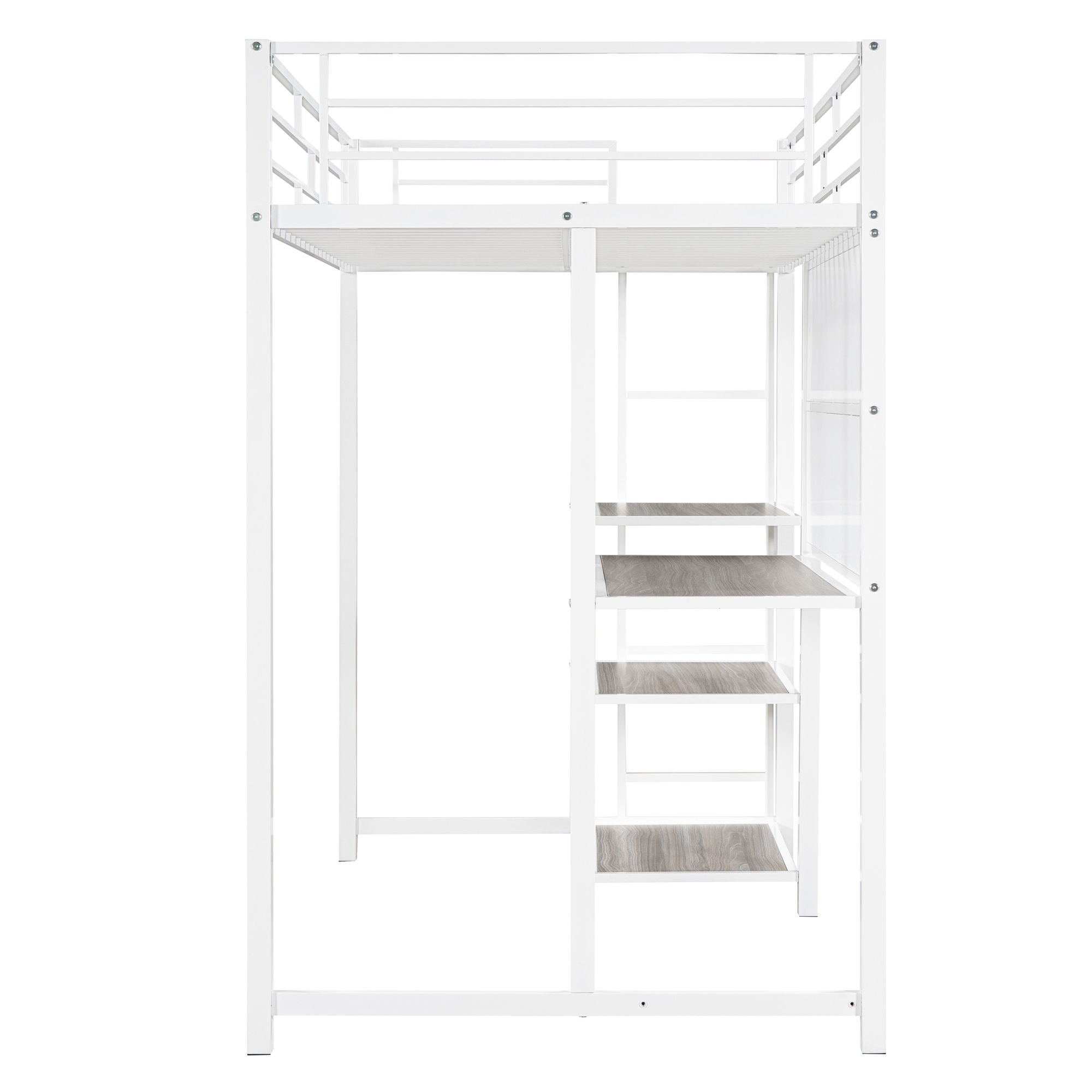 Metal Loft Bed With Desk, 3 Shelves And Ladder
