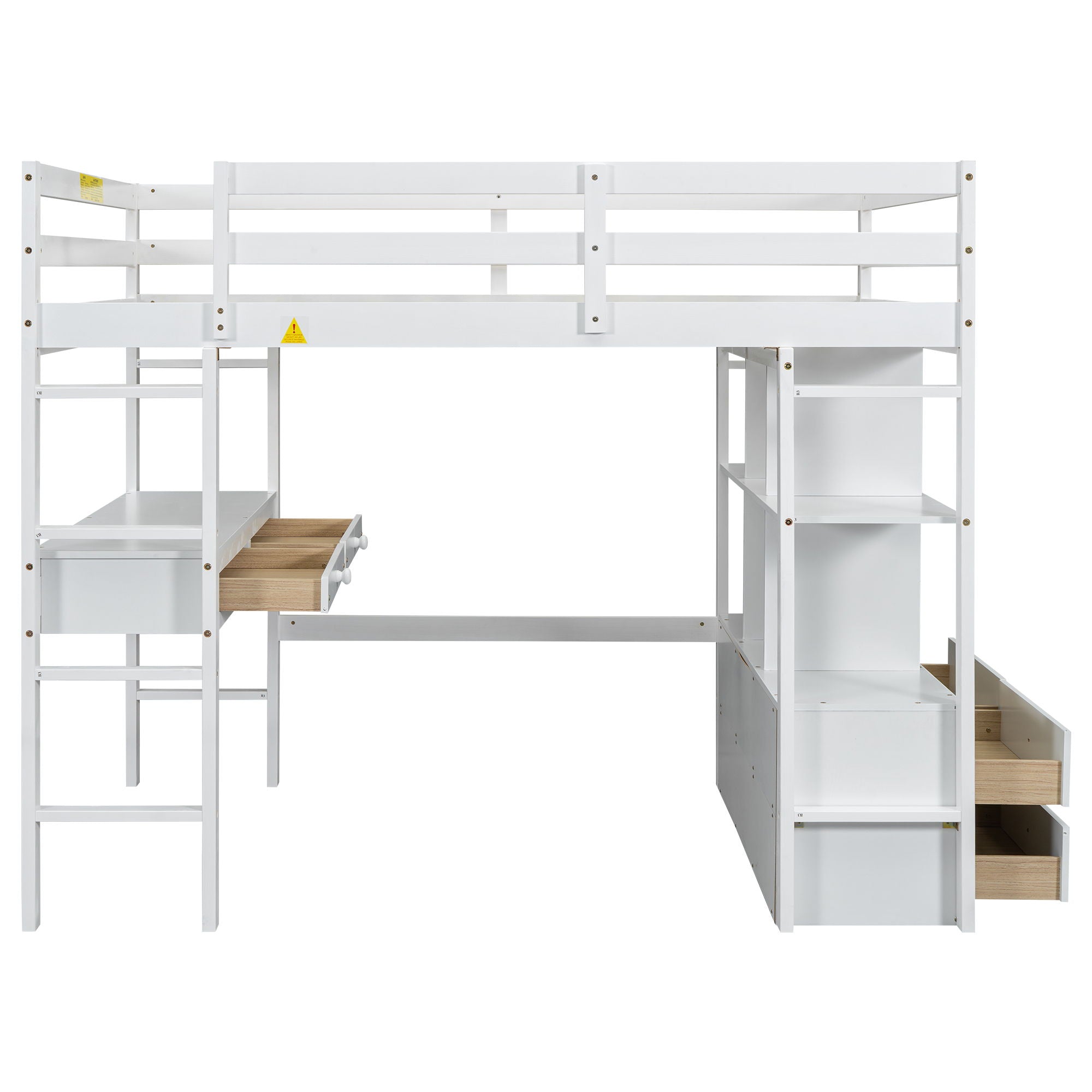 Full Size Loft Bed With Built In Desk, 2 Drawers, Storage Shelves - White