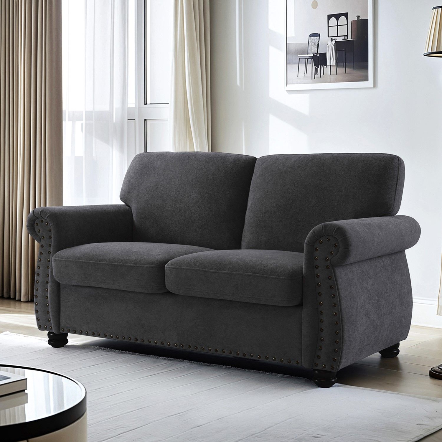 Soft Loveseat, Upholstered 2 Seater Couch, Loose Back Cushions And Turned Legs