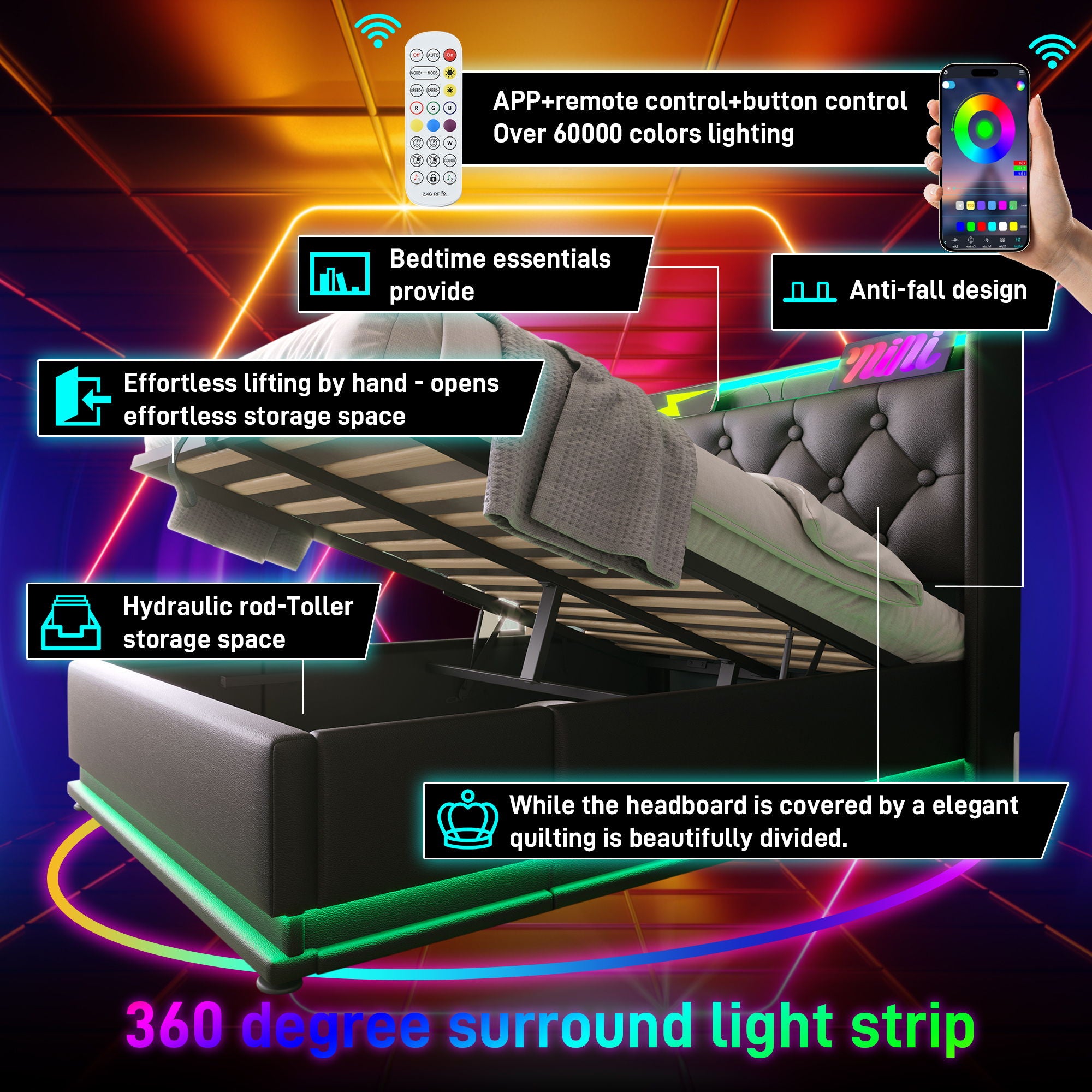 Upholstered Bed, 360 Surround LED Function, Remote Control, Hydraulic Storage Bed With USB, Type-C Charging (Without Mattress)