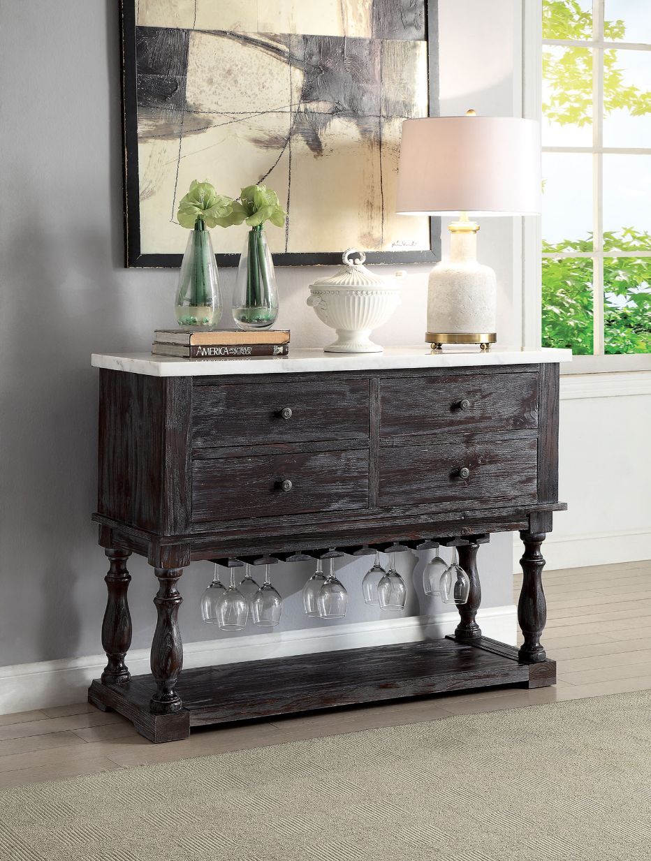 ACME Gerardo - Server - White Marble & Weathered Espresso | Meri Furniture
