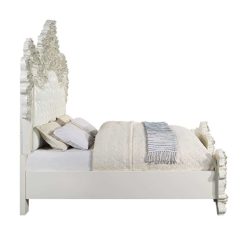 Adara - Eastern King Bed - Pearl White Synthetic Leather & Antique White