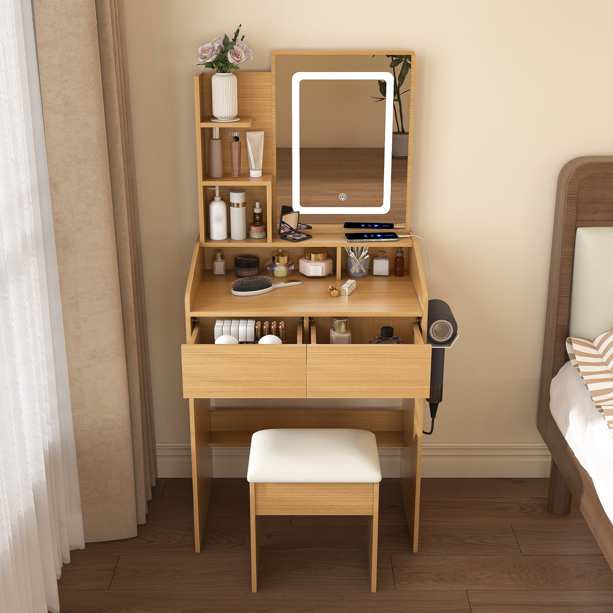 Vanity Table With LED Mirror, Power Outlet, Hairdryer Holder & Padded Stool, Compact Dressing Desk For Small Bedrooms - Wood