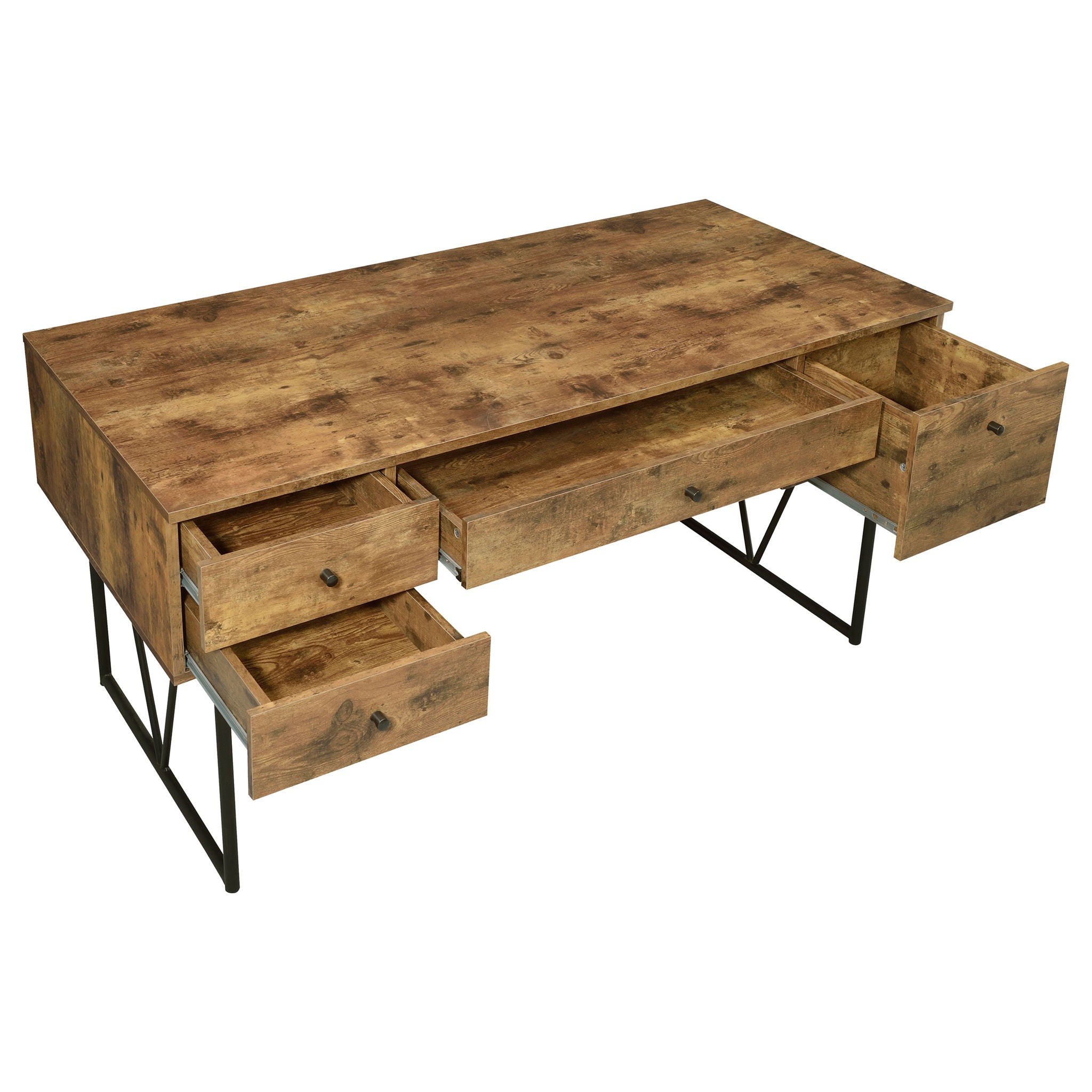 Rustic Industrial Charm Writing Desk With 4 Drawers And Open Shelf