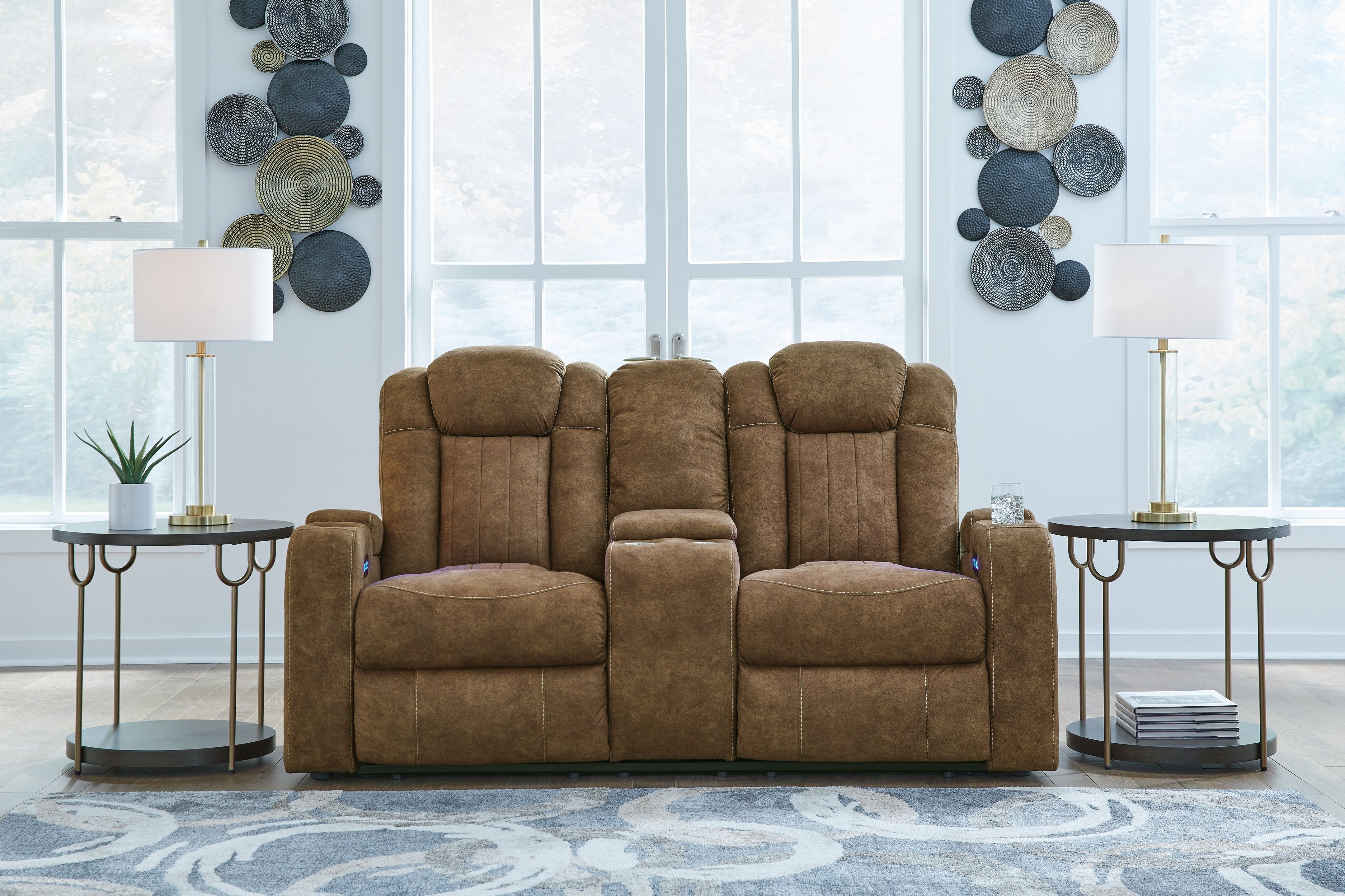 Signature Design by Ashley® Wolfridge - Brindle - Power Reclining Loveseat With Console /Adj Hdrst | Meri Furniture