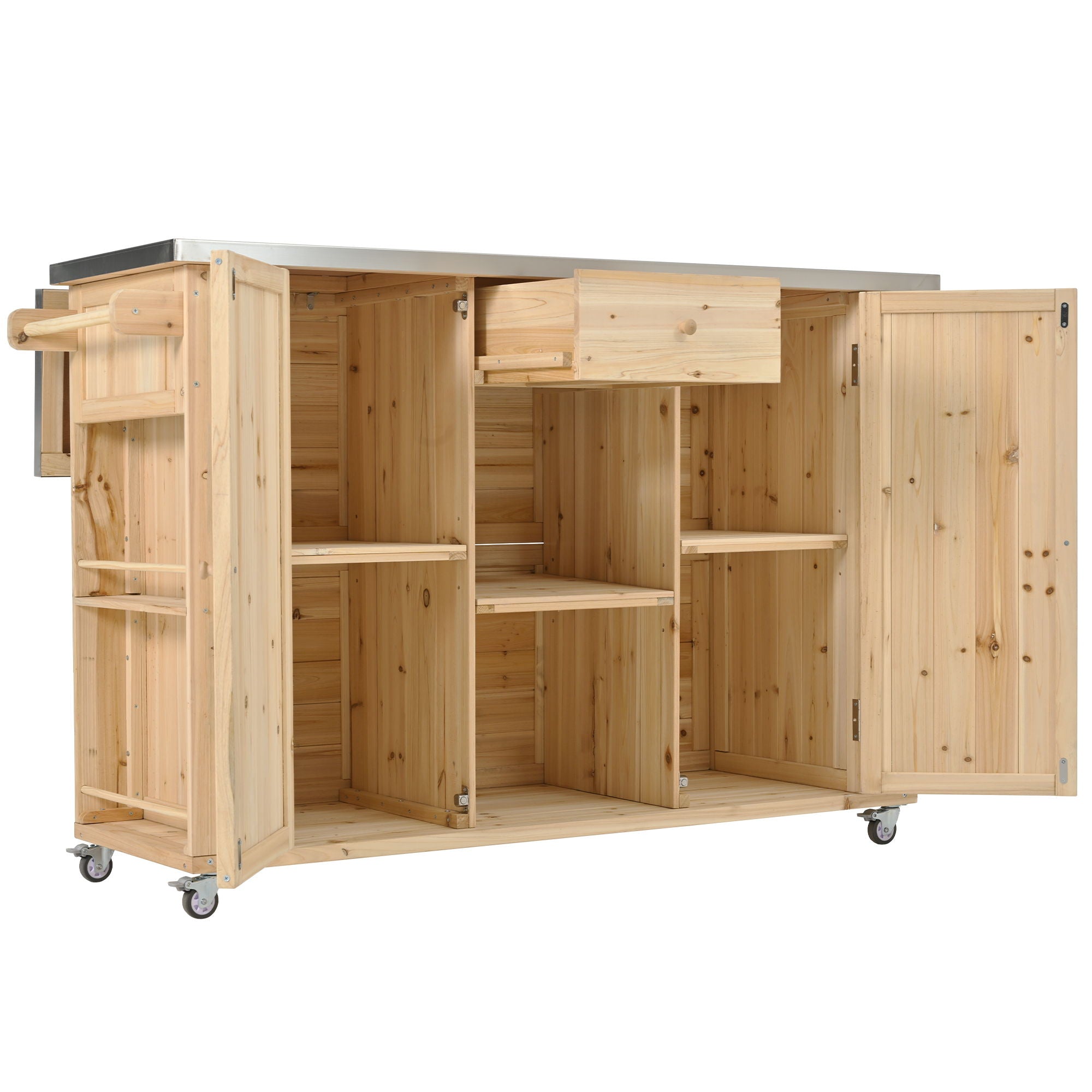 Outdoor Kitchen Island With Stainless Steel Top, Ample Storage Space, Towel And Spice Racks And A Bottle Opener