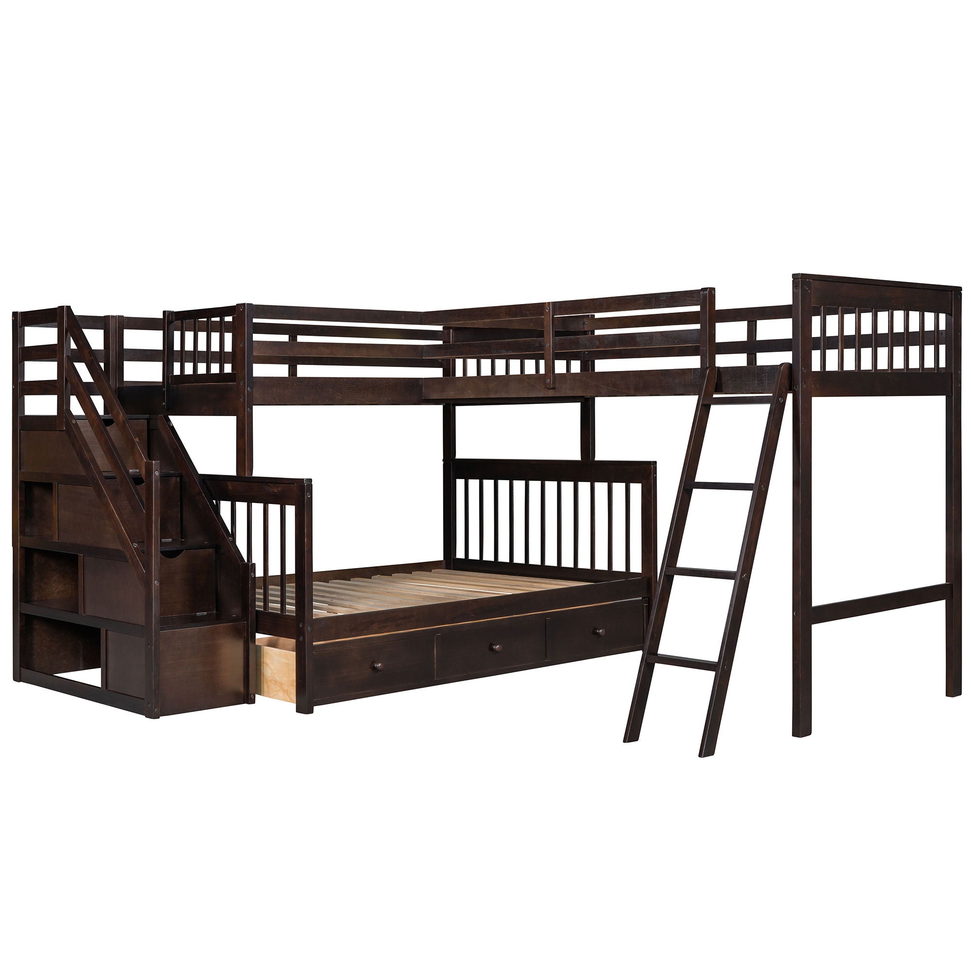 Solid L Shaped Bunk Bed With 3 Drawers, Ladder And Staircase