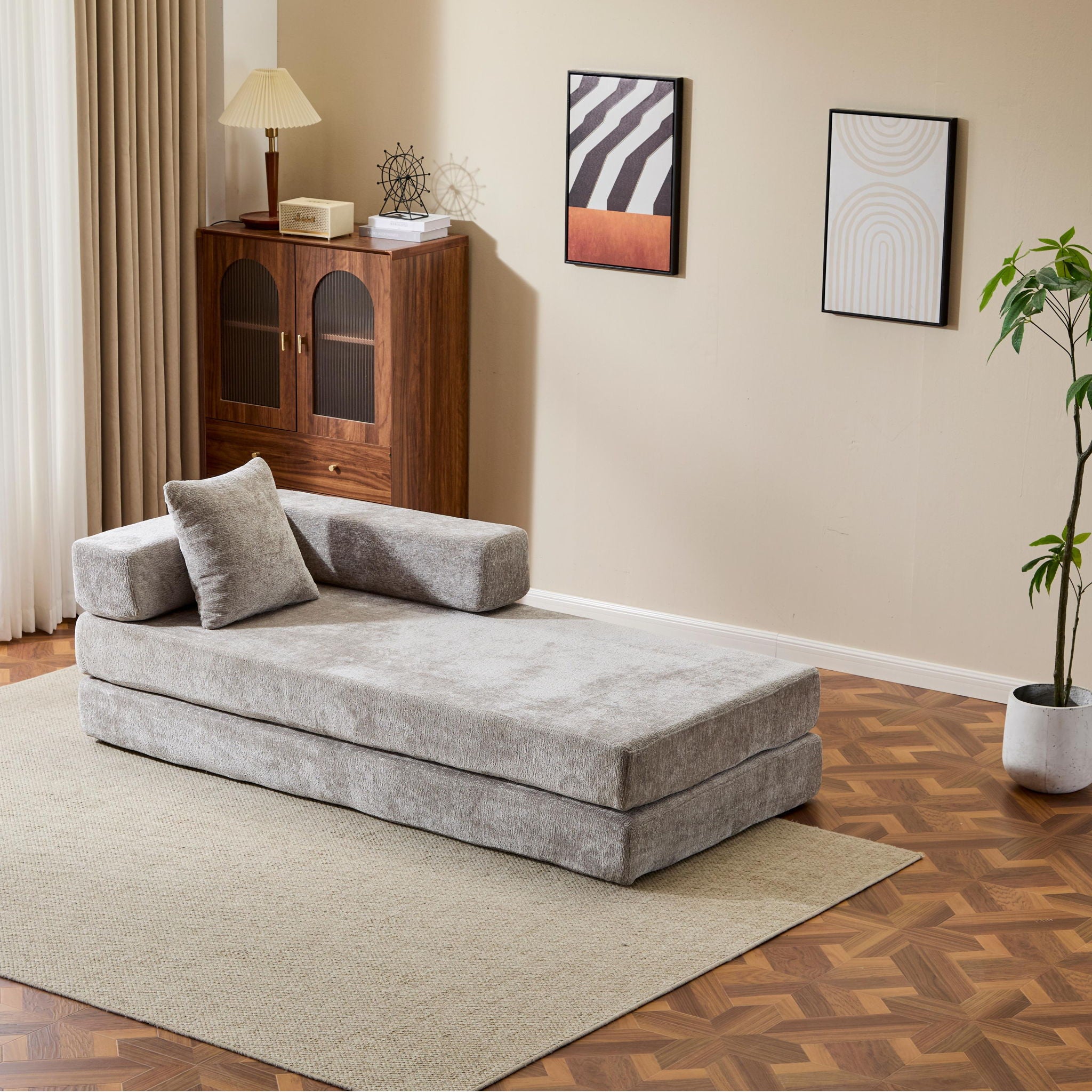 Convertible Floor Sofa Bed With Pillow Back Support Armrest