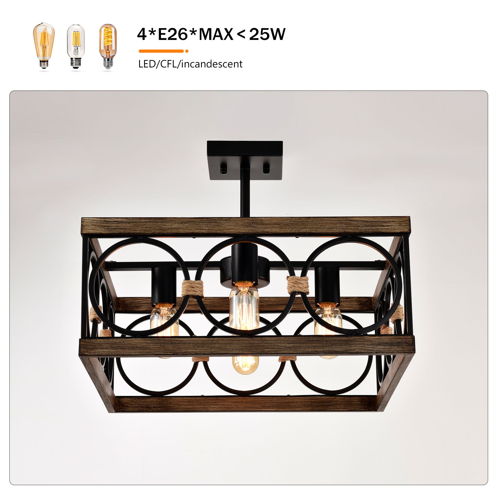 Kitchen Island Lights Ceiling Light Farmhouse Dining Room Light Fixture, Wood And Metal Rectangular Ceiling Light, Ceiling Lighting For Living Room, Conference Room, Home Office