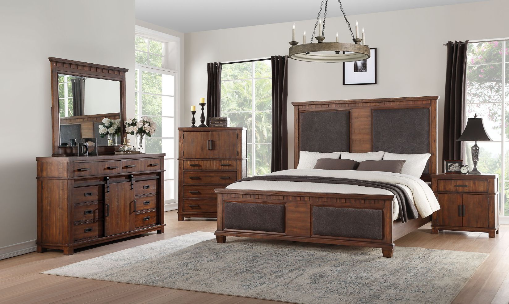 ACME Vibia - Queen Bed - Brown Fabric & Cherry Oak | Meri Furniture