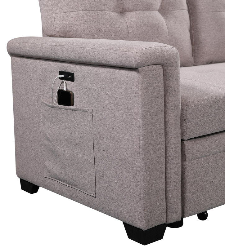 Ashlyn 84"W Light Gray Reversible Sleeper Sectional Sofa with Storage Chaise, USB Charging Ports and Pocket