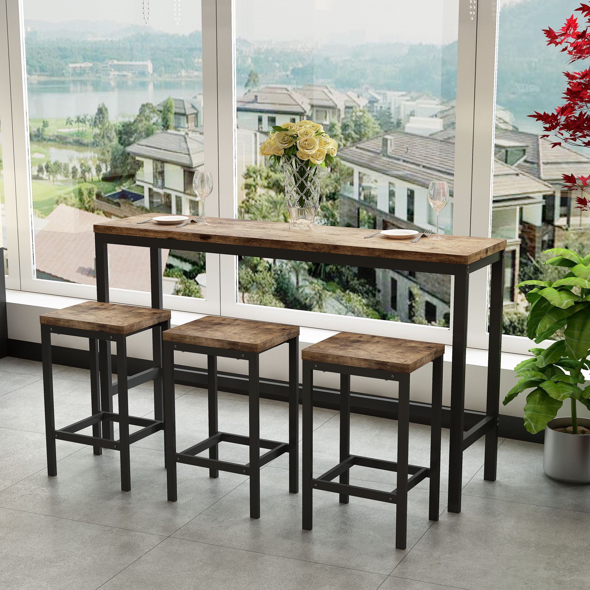 Modern Design Long Dining Table Set With 3 Stools