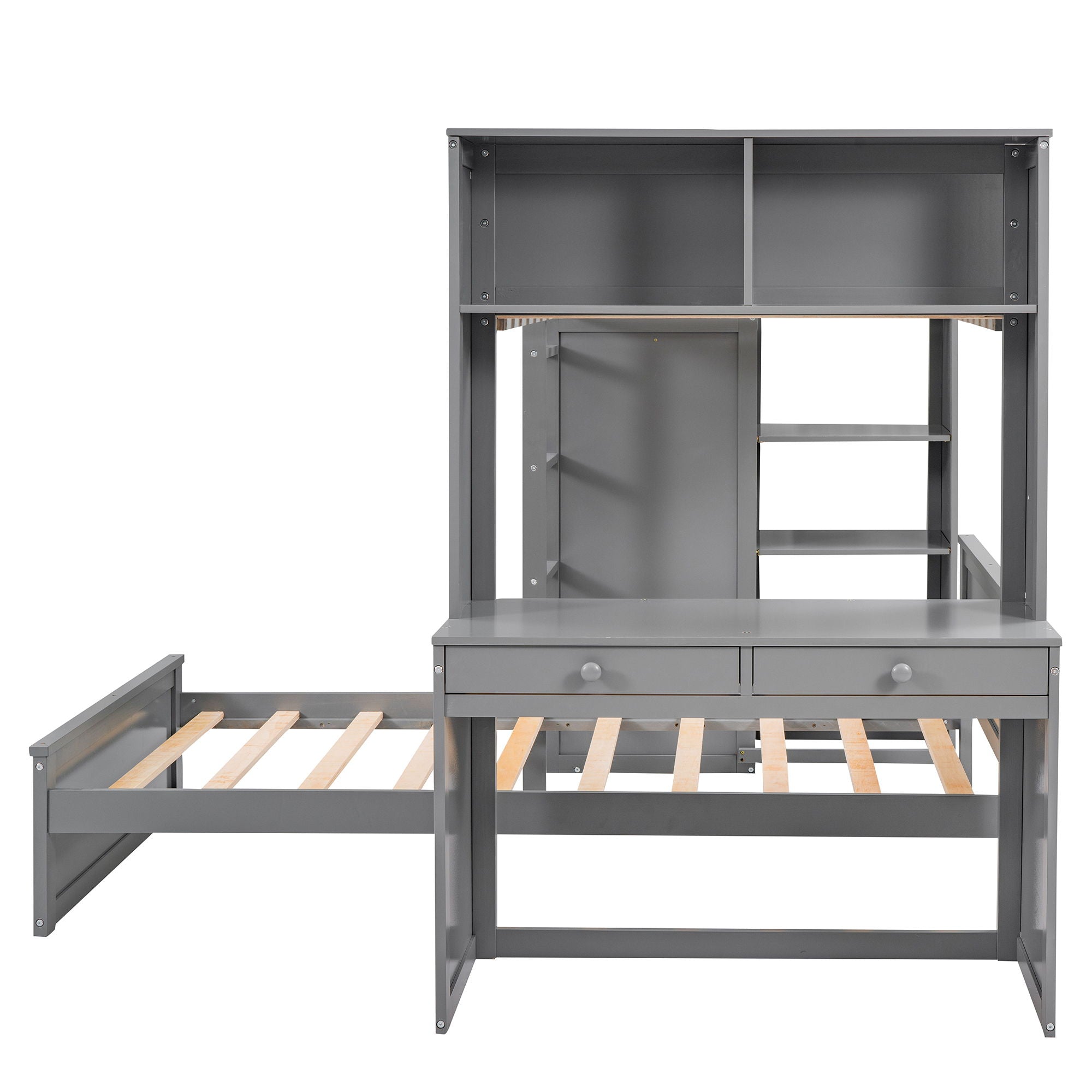 Loft Bed With A Stand Alone Bed, Shelves, Desk, And Wardrobe