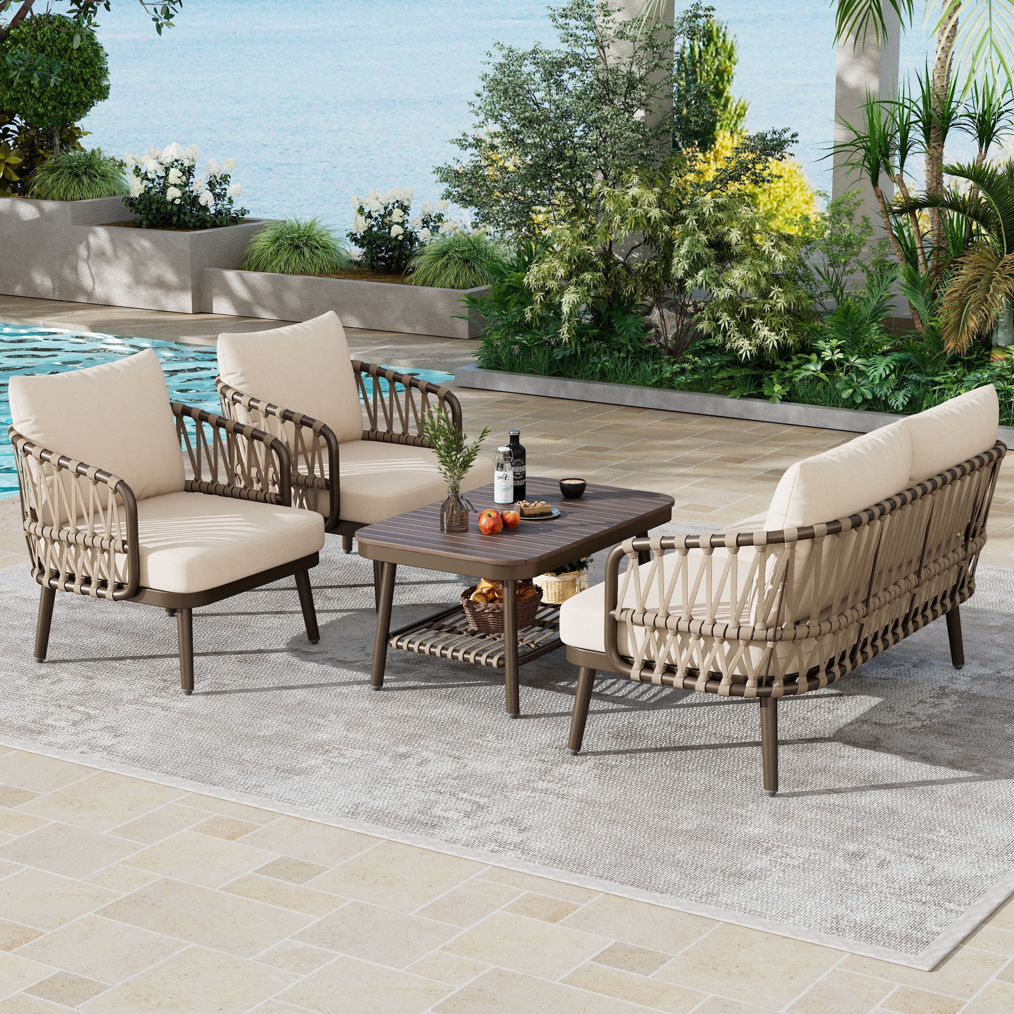 4 Piece Outdoor Patio Furniture Set, Metal Chairs With Woven Rope U Shaped Backrest
