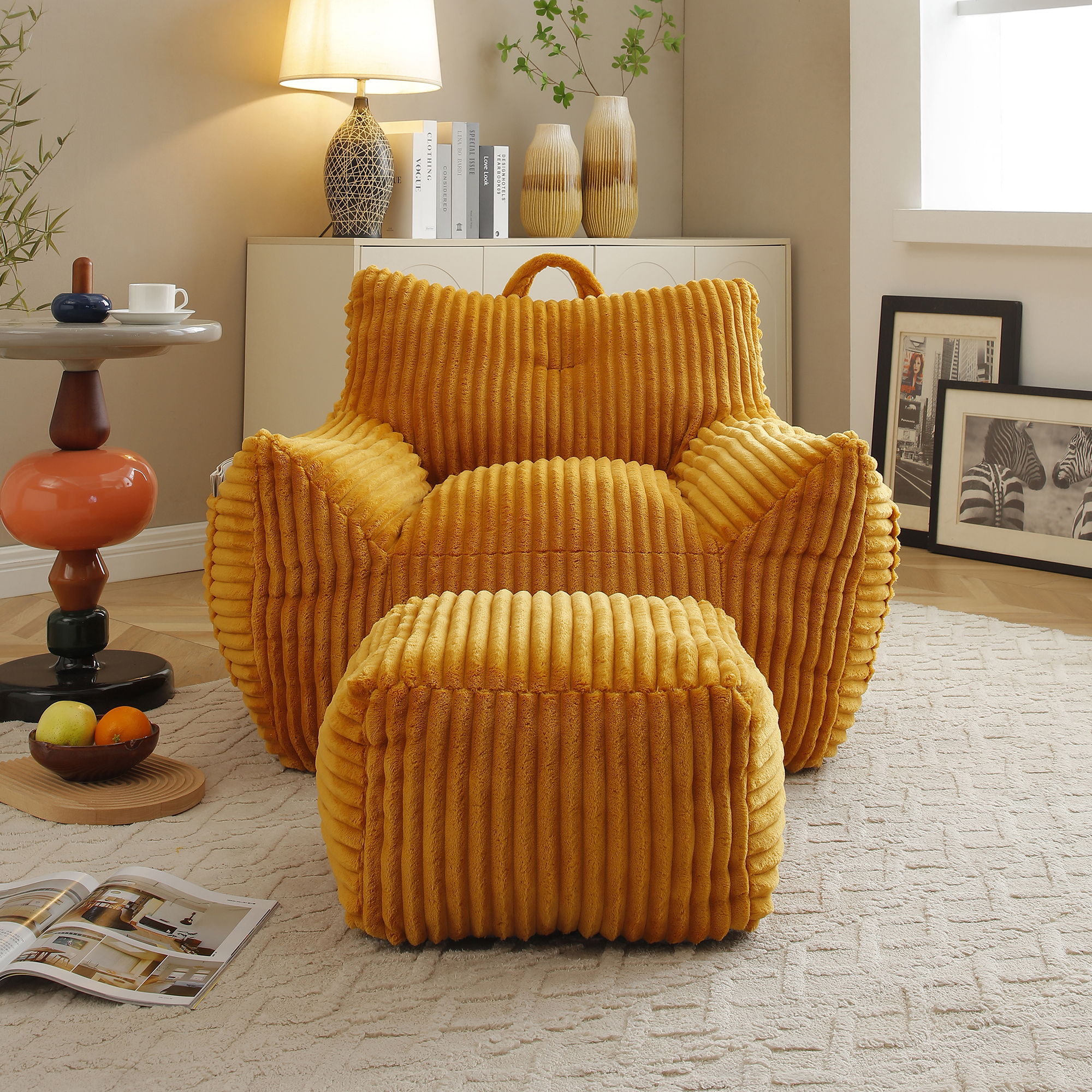 Giant Plush Bean Bag Chair With Armrests And Footstool