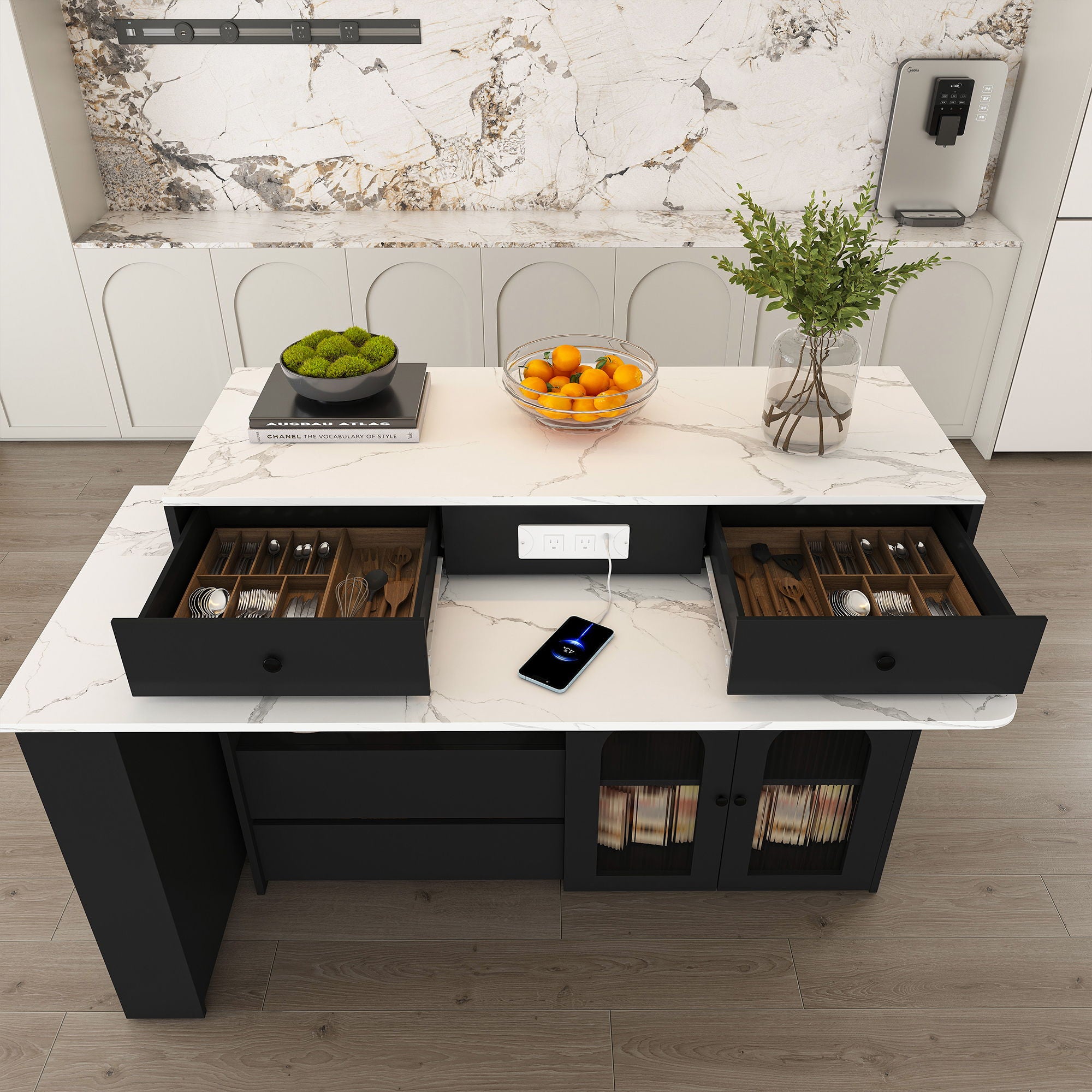 Kitchen Island With Extendable Rotating Table, 4 Drawers & Glass Door Cabinets, Built In Socket - Black